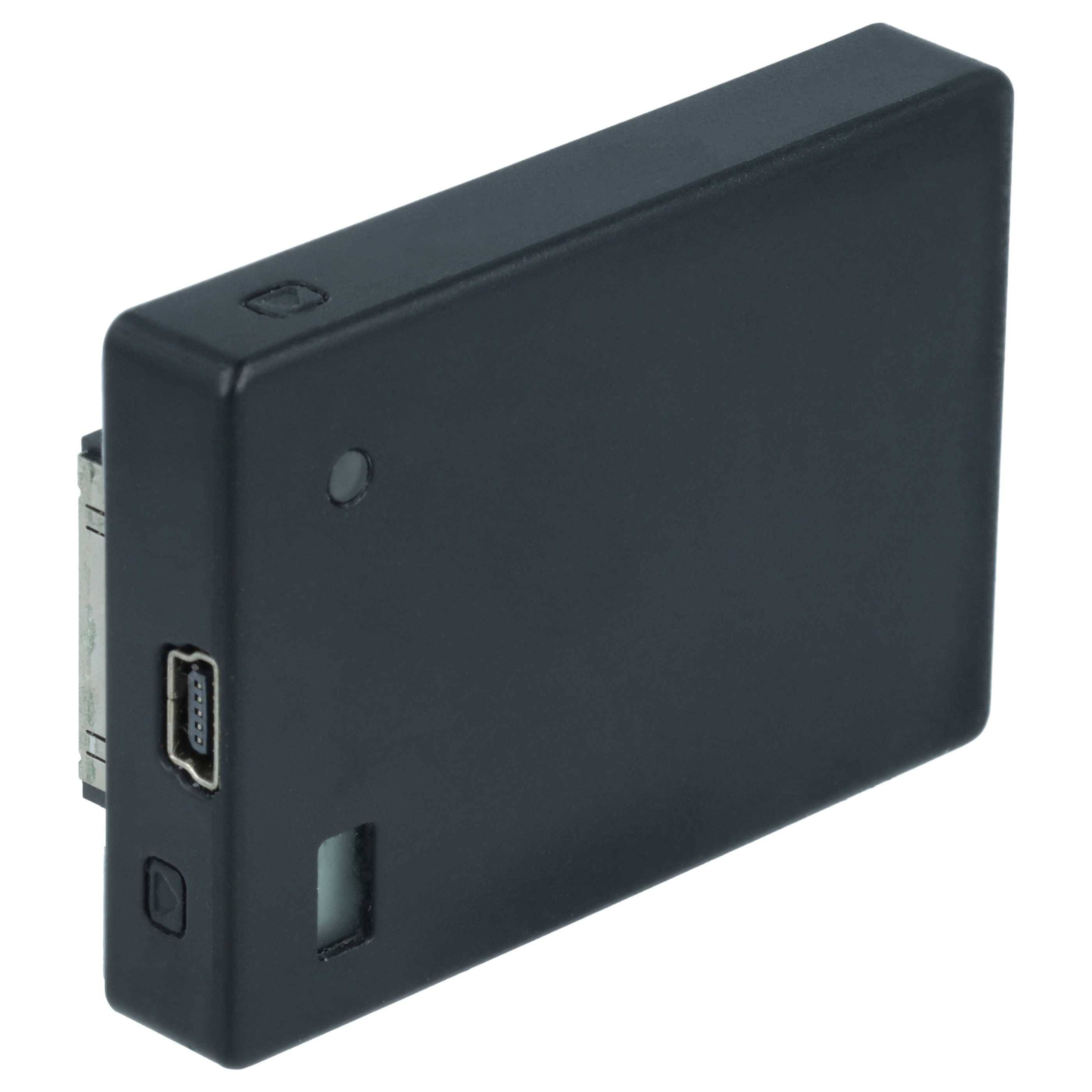 Externe schwarze Festplatte oder tragbares Speichergerät mit USB-Anschluss und Statusleuchte, dargestellt auf weißem Hintergrund.
