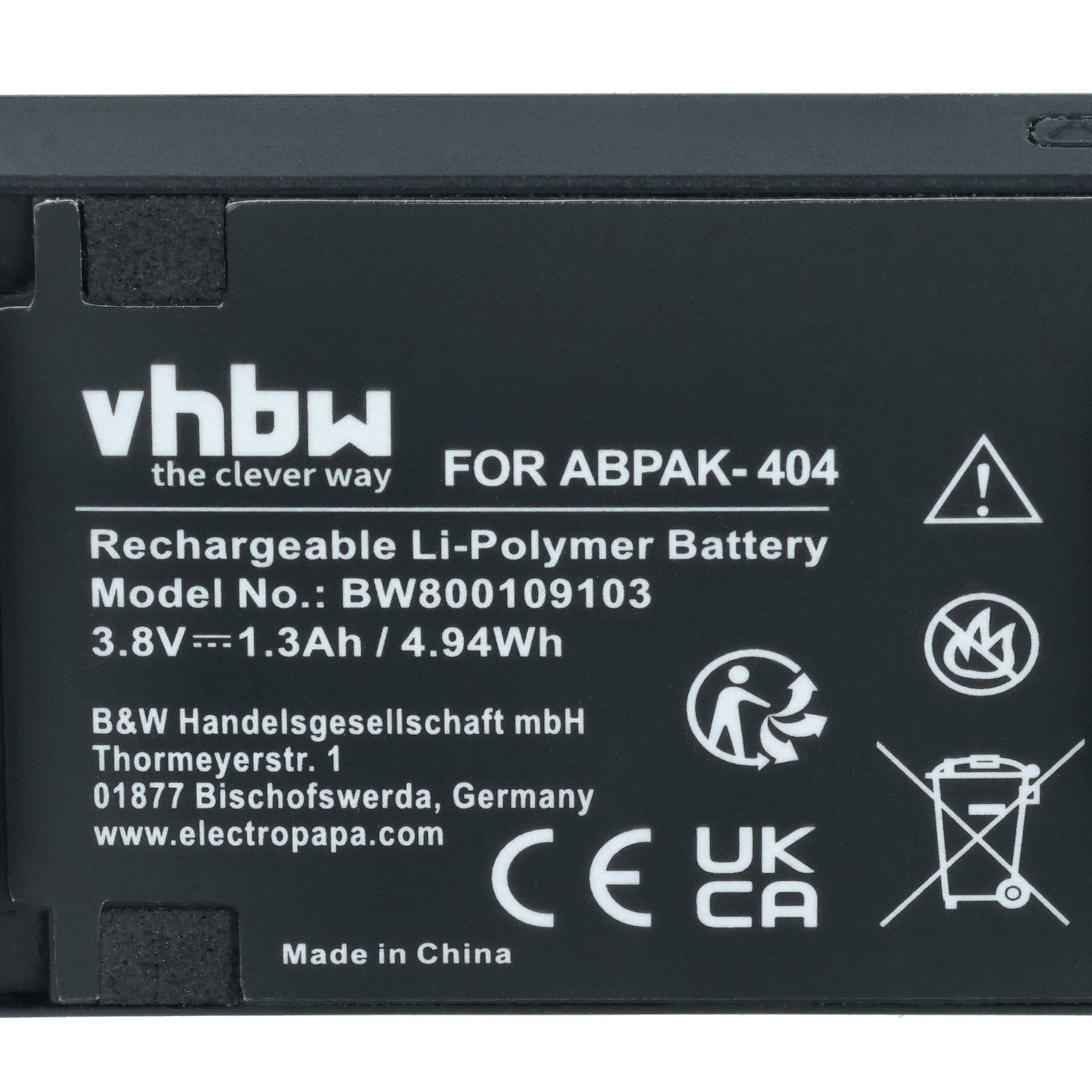 Etikett auf wiederaufladbarem Li-Polymer-Akku für ABPAK-404, Modell BW809109103, 3,8V, 1,3Ah, 4,94Wh, Herstellerangaben und Sicherheitssymbole.