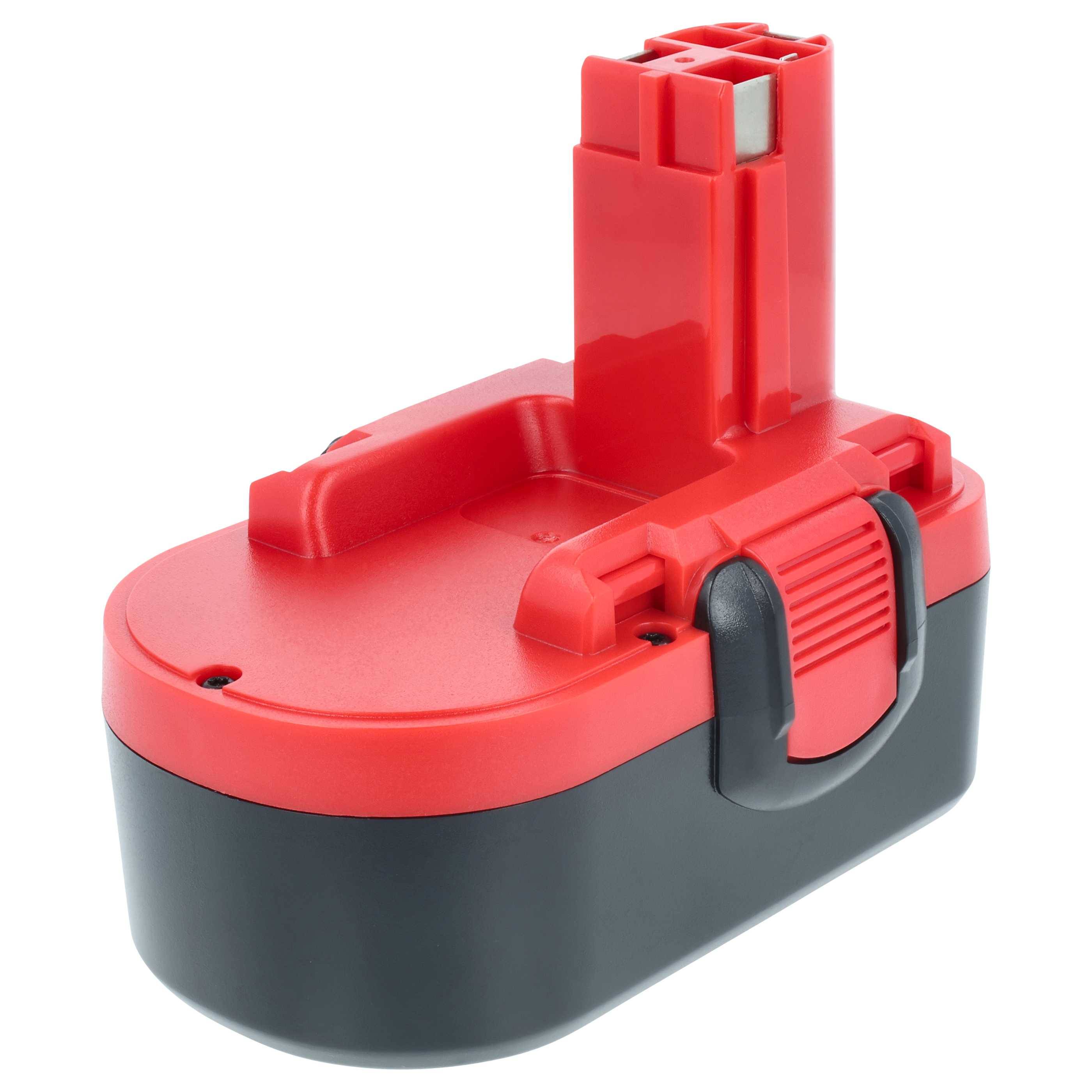 Ein rot-schwarzer Akku für eine kabellose Bohrmaschine mit einer rechteckigen Schnittstelle zur Befestigung.