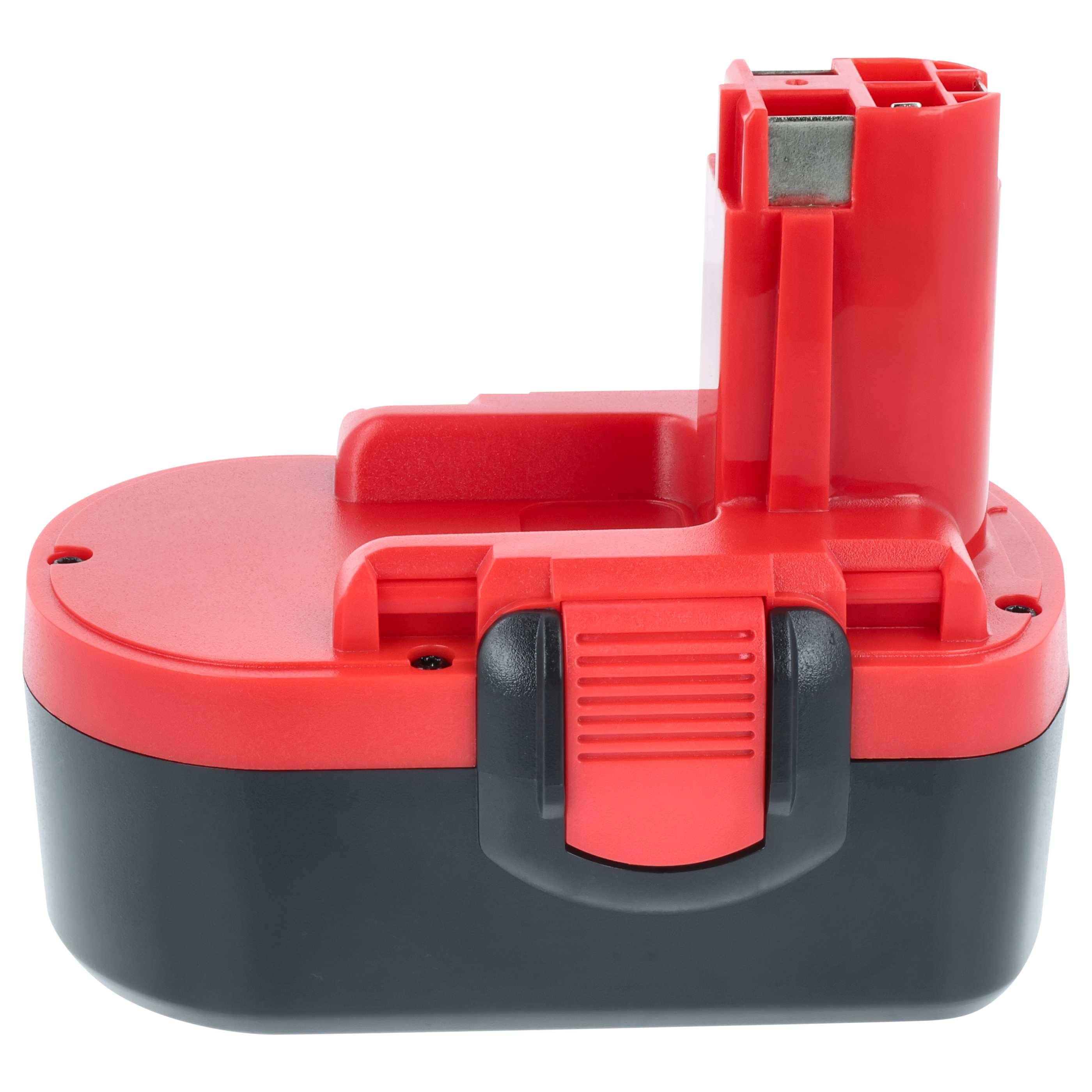 Eine rote und schwarze kabellose Akku-Werkzeugbatterie, die ihren Anschluss und Verriegelungsmechanismus präsentiert.