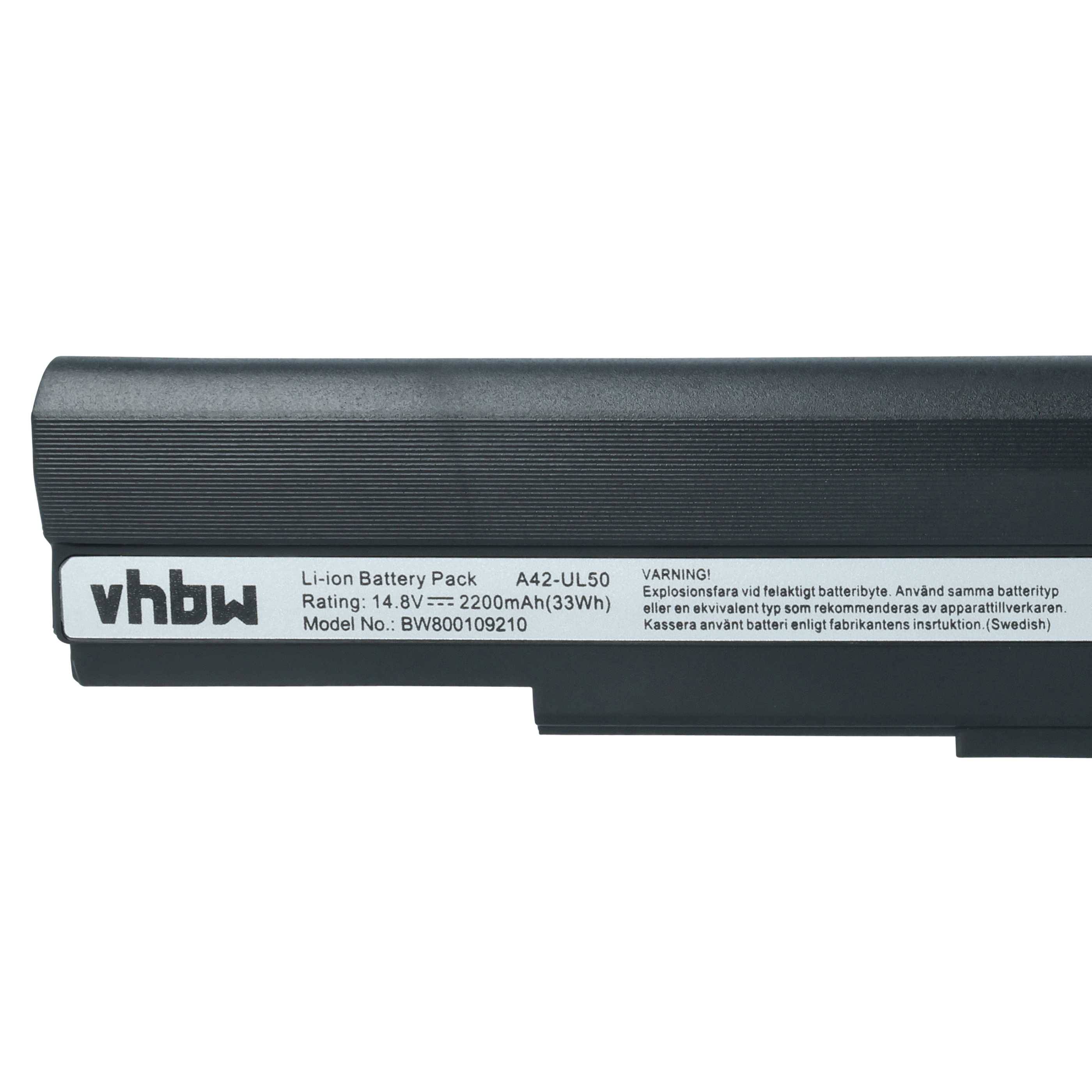 Ein schwarzer rechteckiger Laptop-Akku mit 'vhbw' Logo. Spezifikationen: Li-Ion, 14,8V, 2200mAh, A42-UL50. Warnhinweis zur Batterieentsorgung.