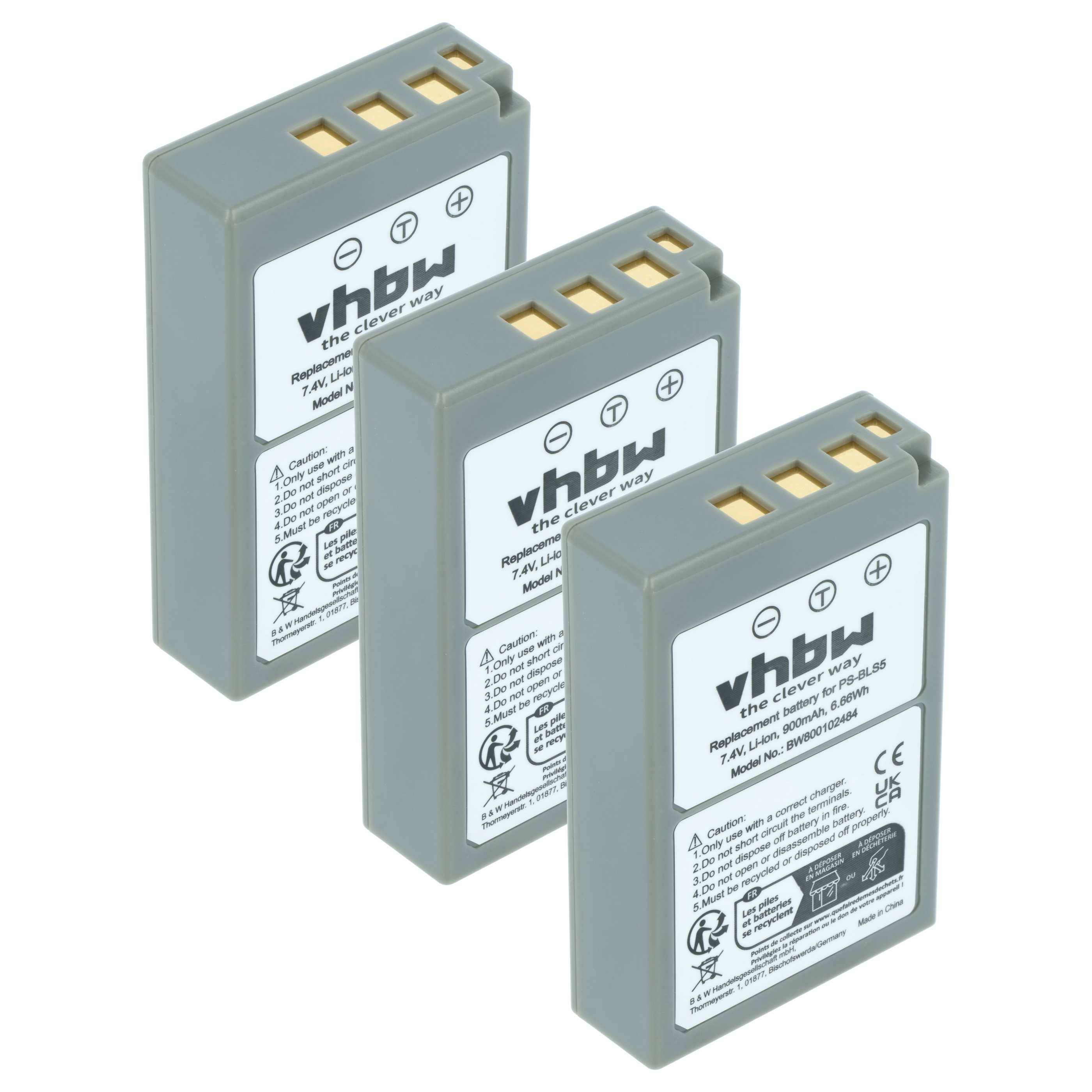 Drei graue aufladbare Batterien für Kameras mit der Aufschrift „vhbw