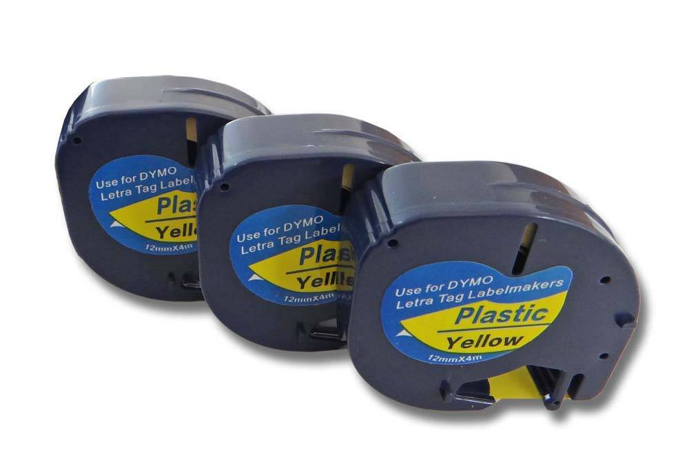 vhbw 3x Schriftband-Kassette kompatibel mit Dymo LetraTag LT-100H | LT-100T, QX50, XR, 200B Etiketten-Drucker 4m x 12mm Schwarz auf Gelb
