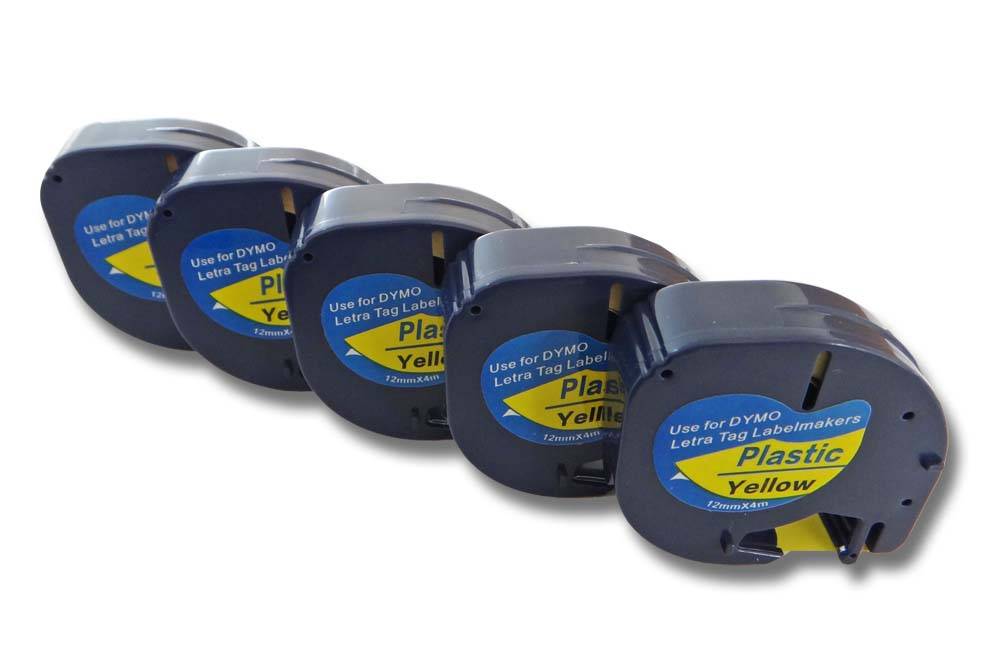 vhbw 5x Schriftband-Kassette kompatibel mit Dymo LetraTag Plus LT-100T, XM, 2000, LT-100H Etiketten-Drucker 4m x 12mm Schwarz auf Gelb