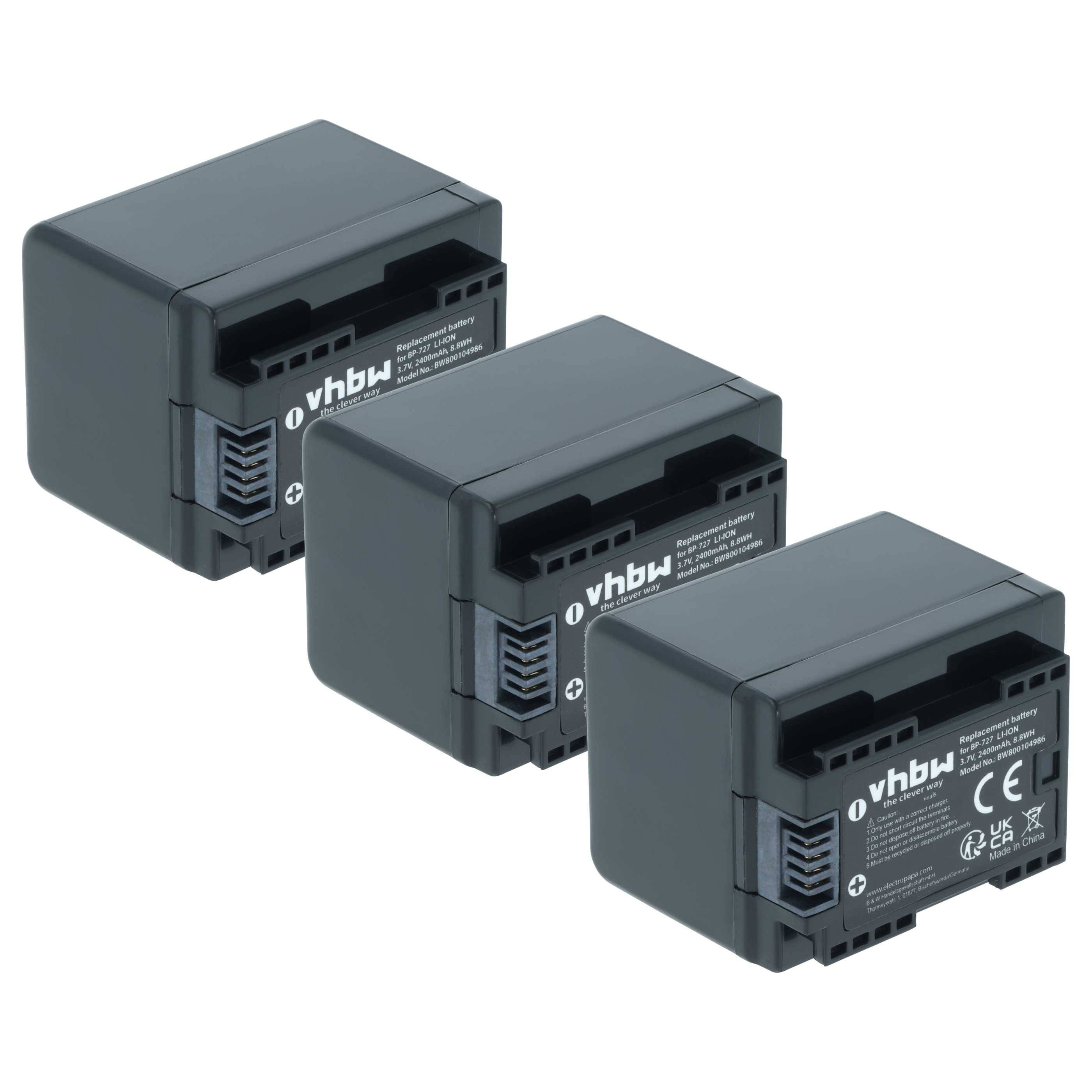 Drei identische schwarze Camcorder-Akkus sind diagonal angeordnet. Jeder Akku ist mit 'vhbw' beschriftet und zeigt Sicherheitssymbole und Spezifikationen.