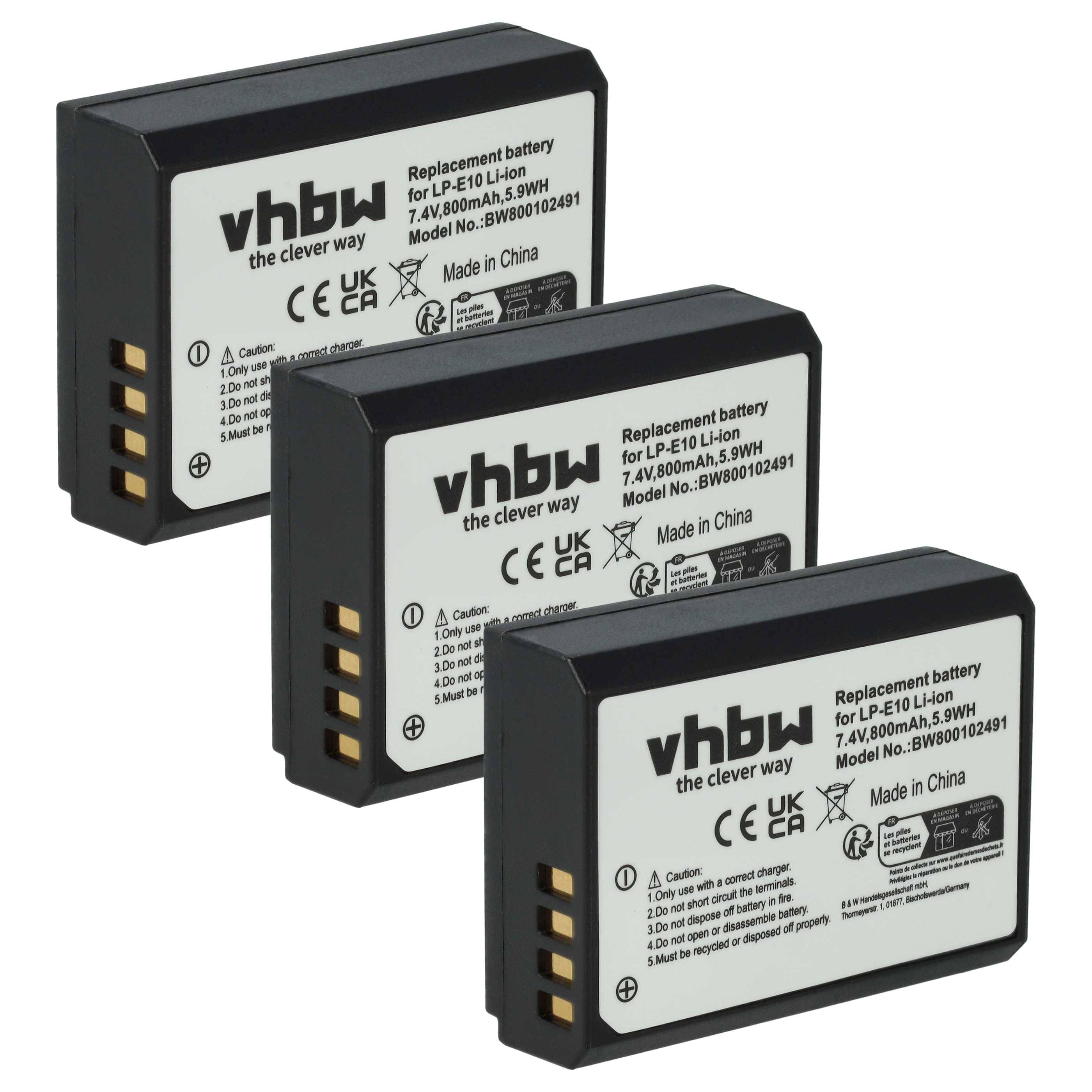 vhbw 3x Akku kompatibel mit Canon EOS Rebel 1300D Kamera (800mAh, 7,2V, Li-Ion) - Ersatz für Canon LP-E10