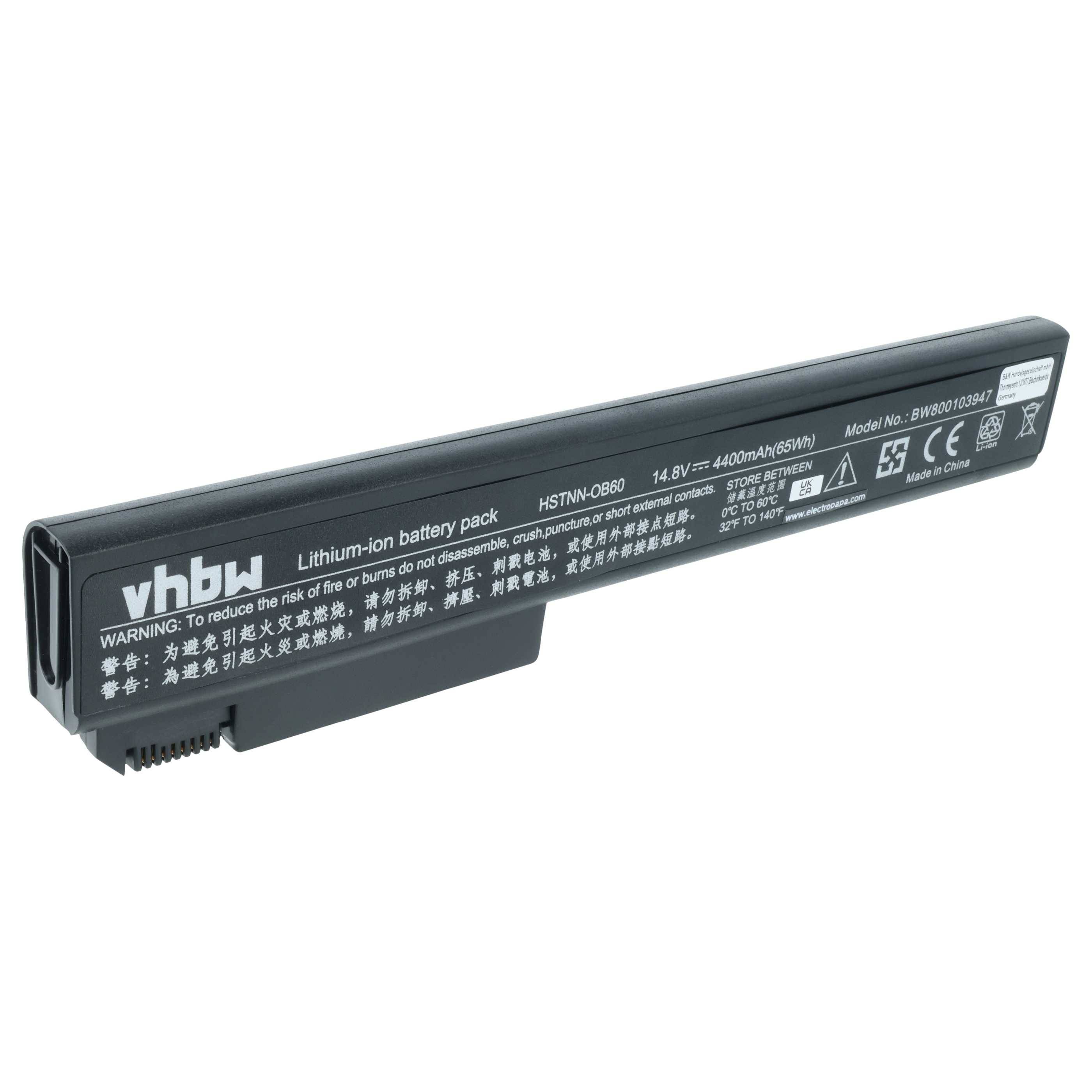 Lithium-Ionen-Akkupack mit Aufschrift 'vhbw' und Warnhinweistext für Sicherheit, 14,8V, 4400mAh/65Wh, kompatibel mit aufgelisteten Modellen.