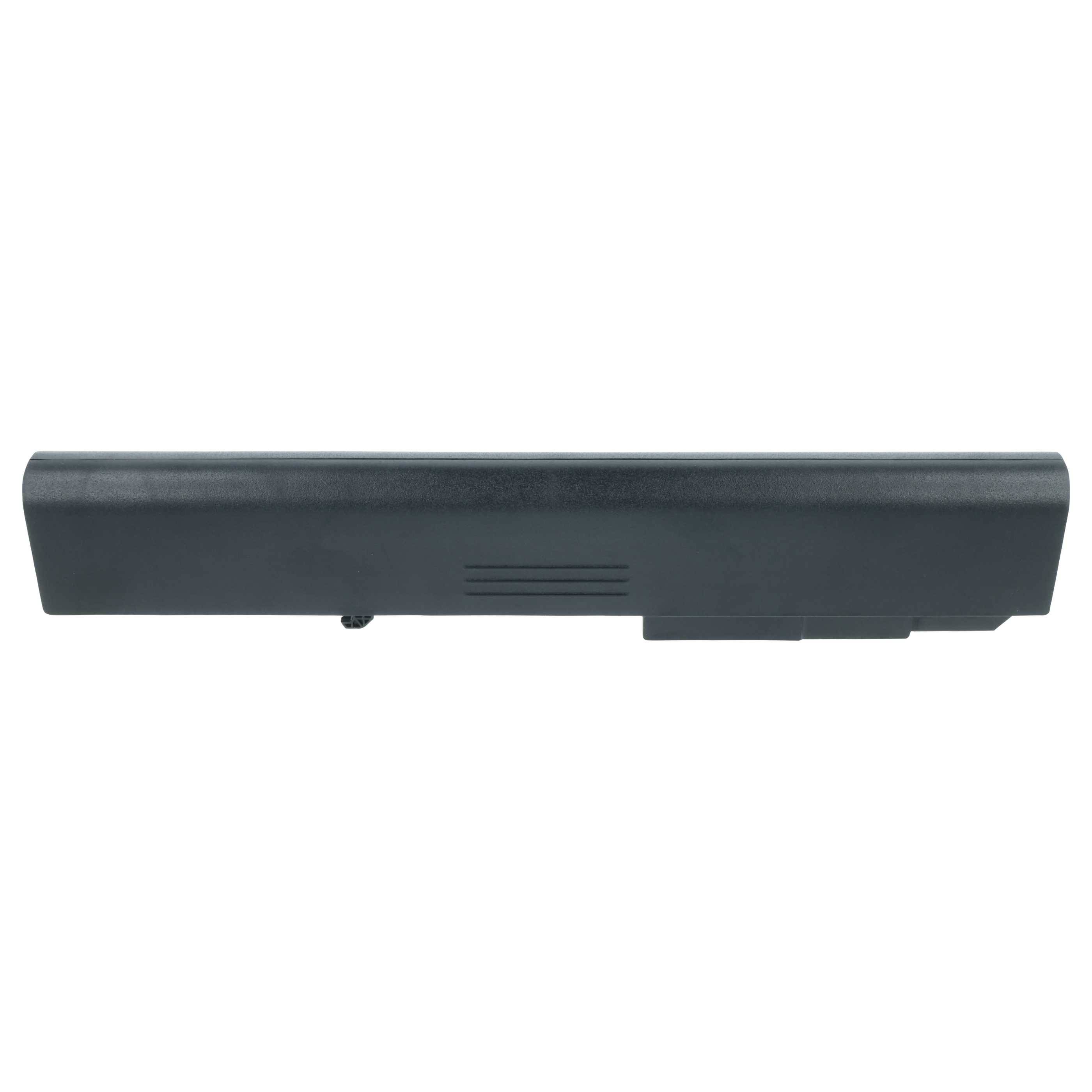 Eine schwarze Laptop-Batterie, rechteckig mit glatter Oberfläche, auf weißem Hintergrund dargestellt.