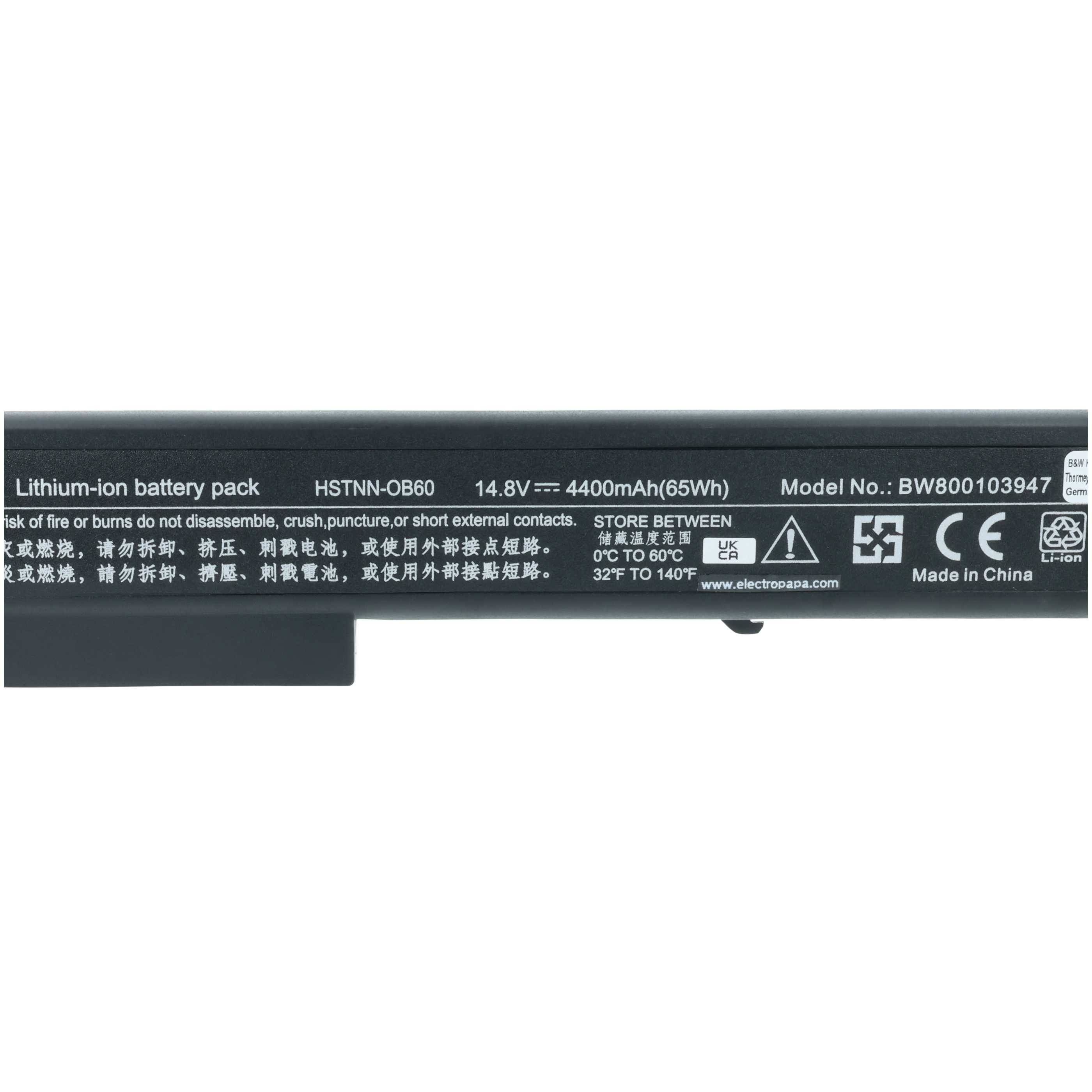 Lithium-Ionen-Akkupack HSTNN-OB60, 14,8V, 4400mAh (65Wh), Modell-Nr.: BW800103947 mit sichtbaren Warn- und Lagerungshinweisen