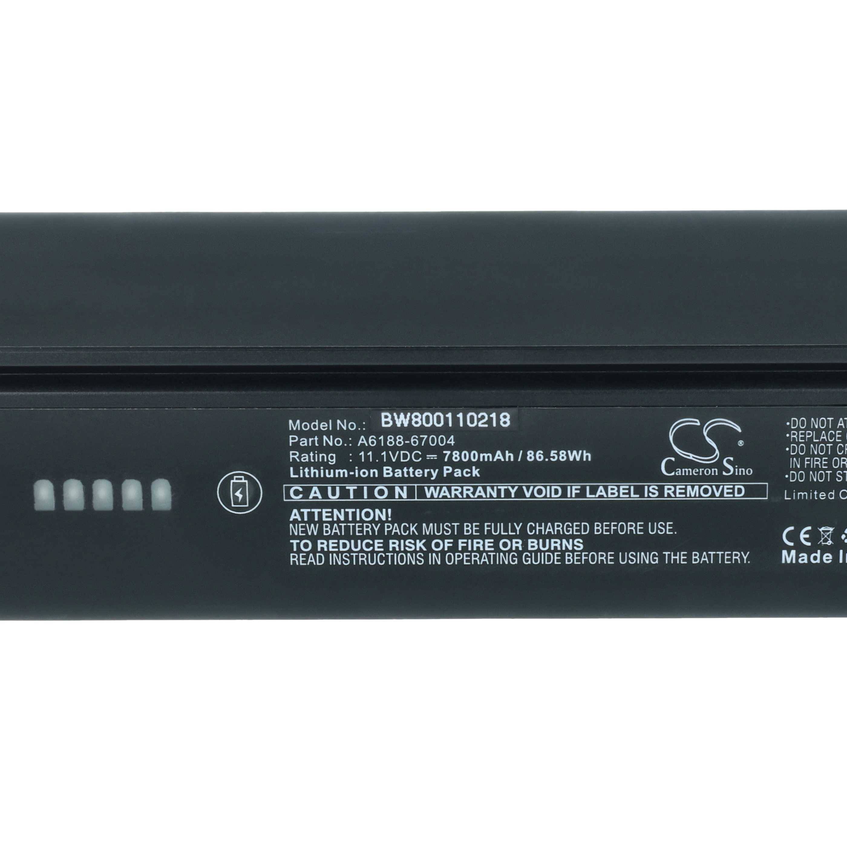 Nahaufnahme eines schwarzen Laptop-Akkus mit Etikett, das das Modell BW800110218, 11,1V 7800mAh 86,58Wh zeigt, sowie eine Warnung, das Etikett nicht zu entfernen.