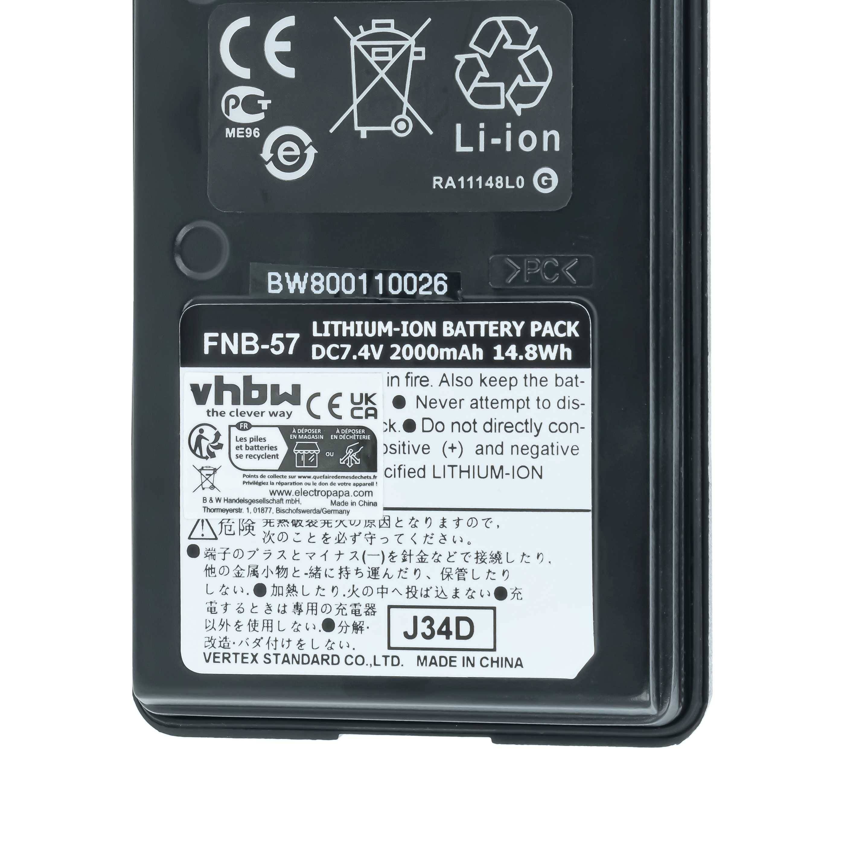 vhbw Akku kompatibel mit Yaesu Vertex VX-420, VX-427, VX800, VX420, VX-800, VX-414, VX-417, VX-424 Funkgerät, Walkie Talkie (2000 mAh, 7,4