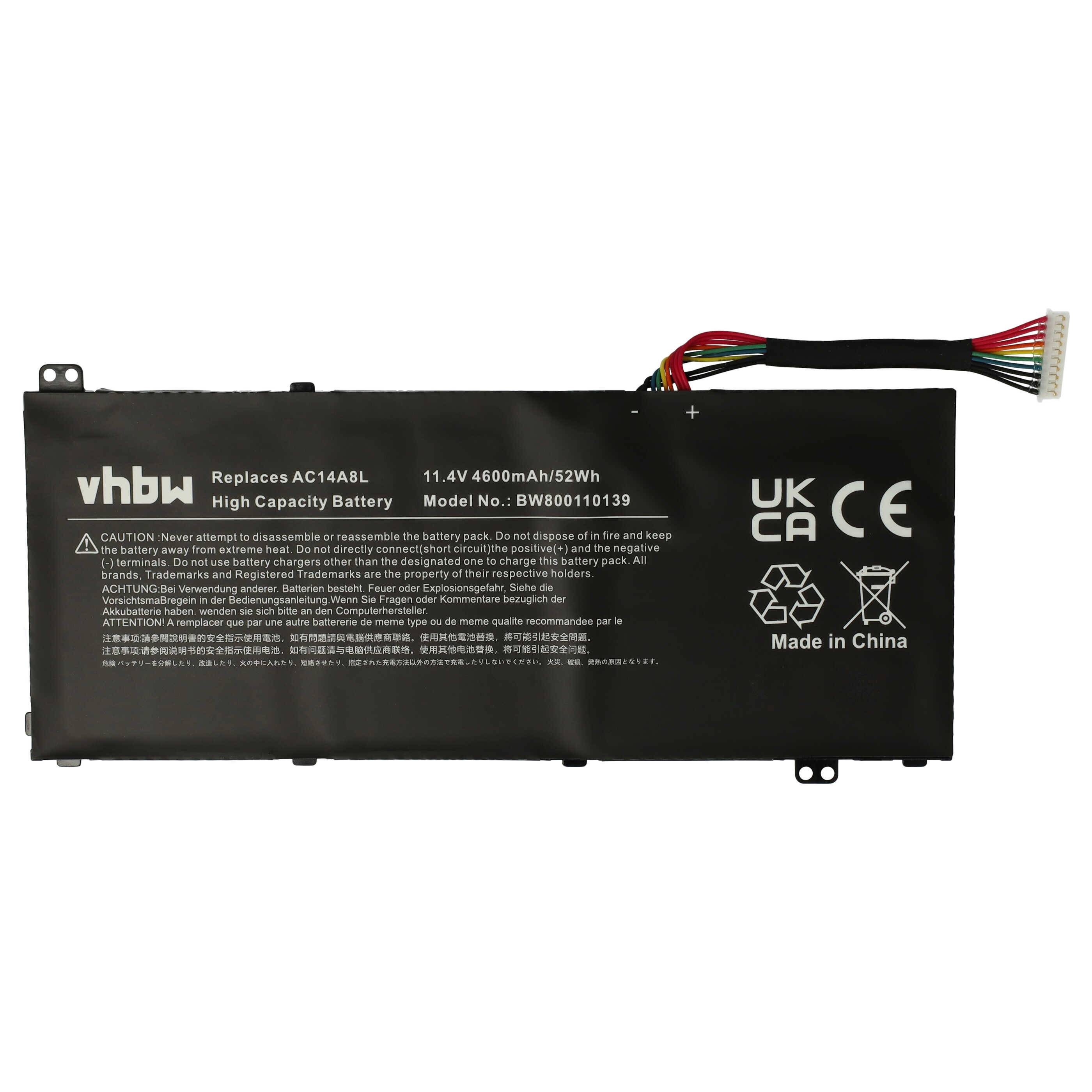vhbw Akku Ersatz für Acer 3ICP7/61/80, AC15B7L, AC14A8L, AC14A8L(3ICP7/61/80) für Notebook (4600 mAh, 11,4 V, Li-Polymer)