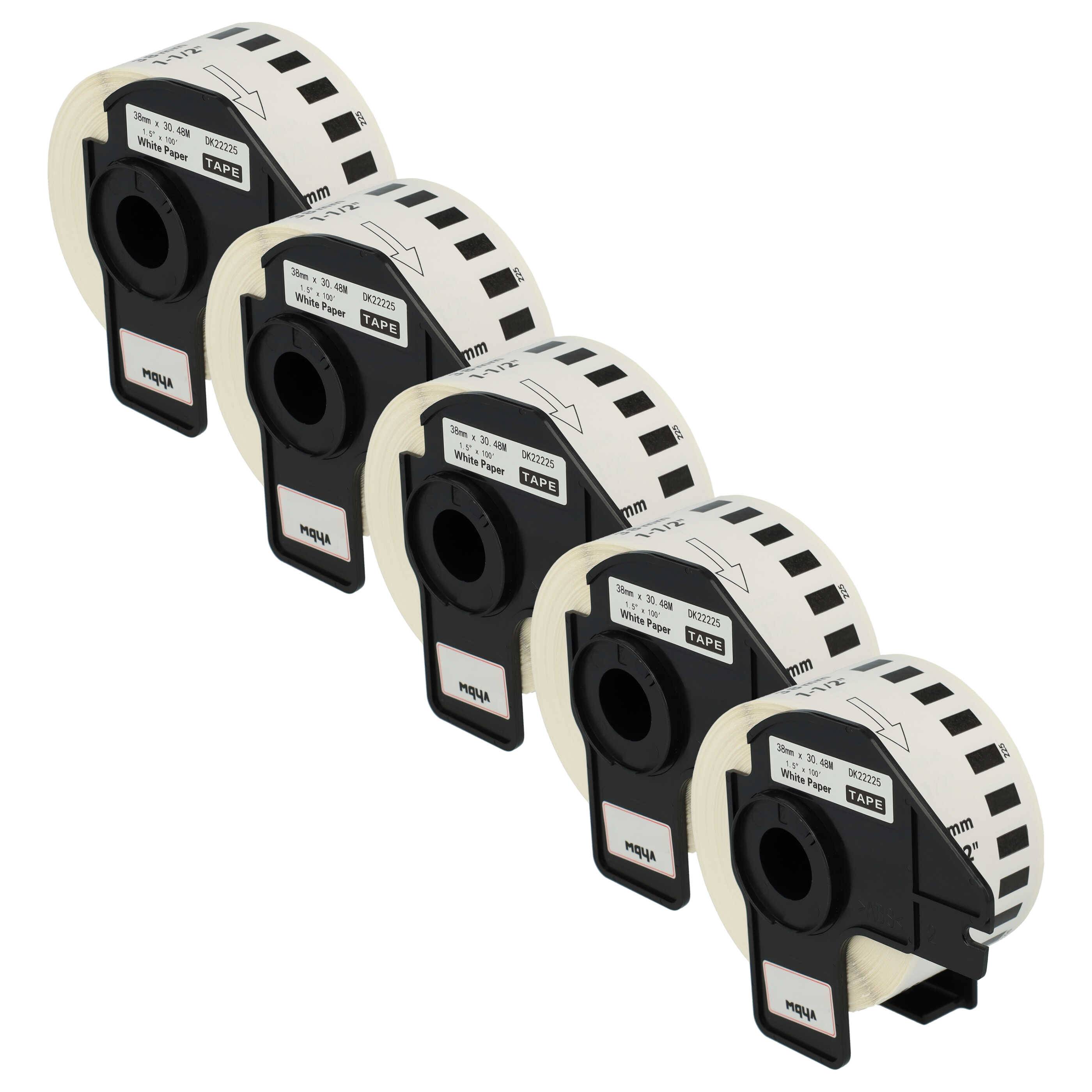 vhbw 5x Etiketten-Rolle mit Halter 38mm x 30,48m (1 Etikette) Ersatz für Brother DK-22225 für Etiketten-Drucker Weiß
