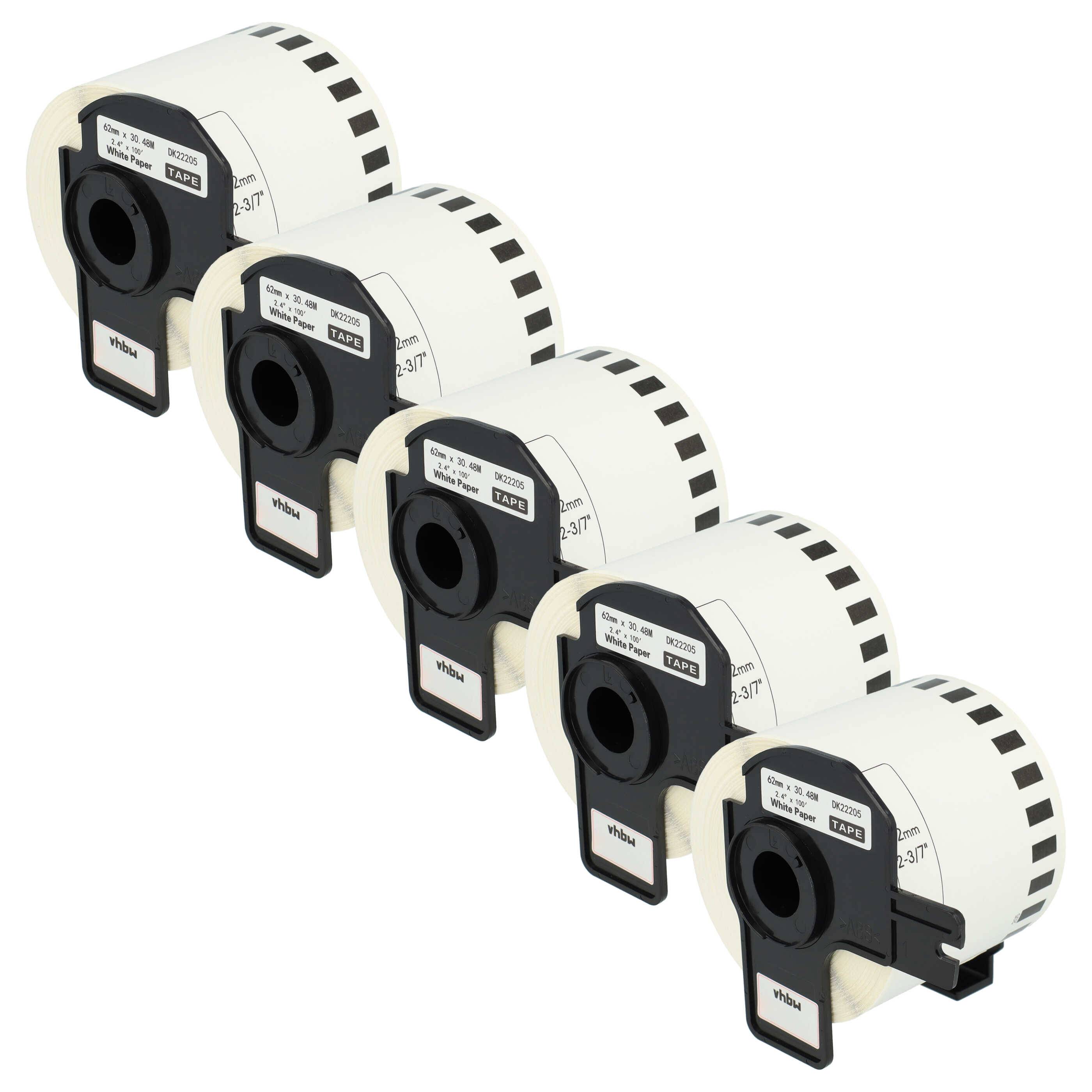 vhbw 5x Etiketten-Rolle mit Halter 62mm x 30,48m (1 Etikette) Ersatz für Brother DK-22205 für Etiketten-Drucker