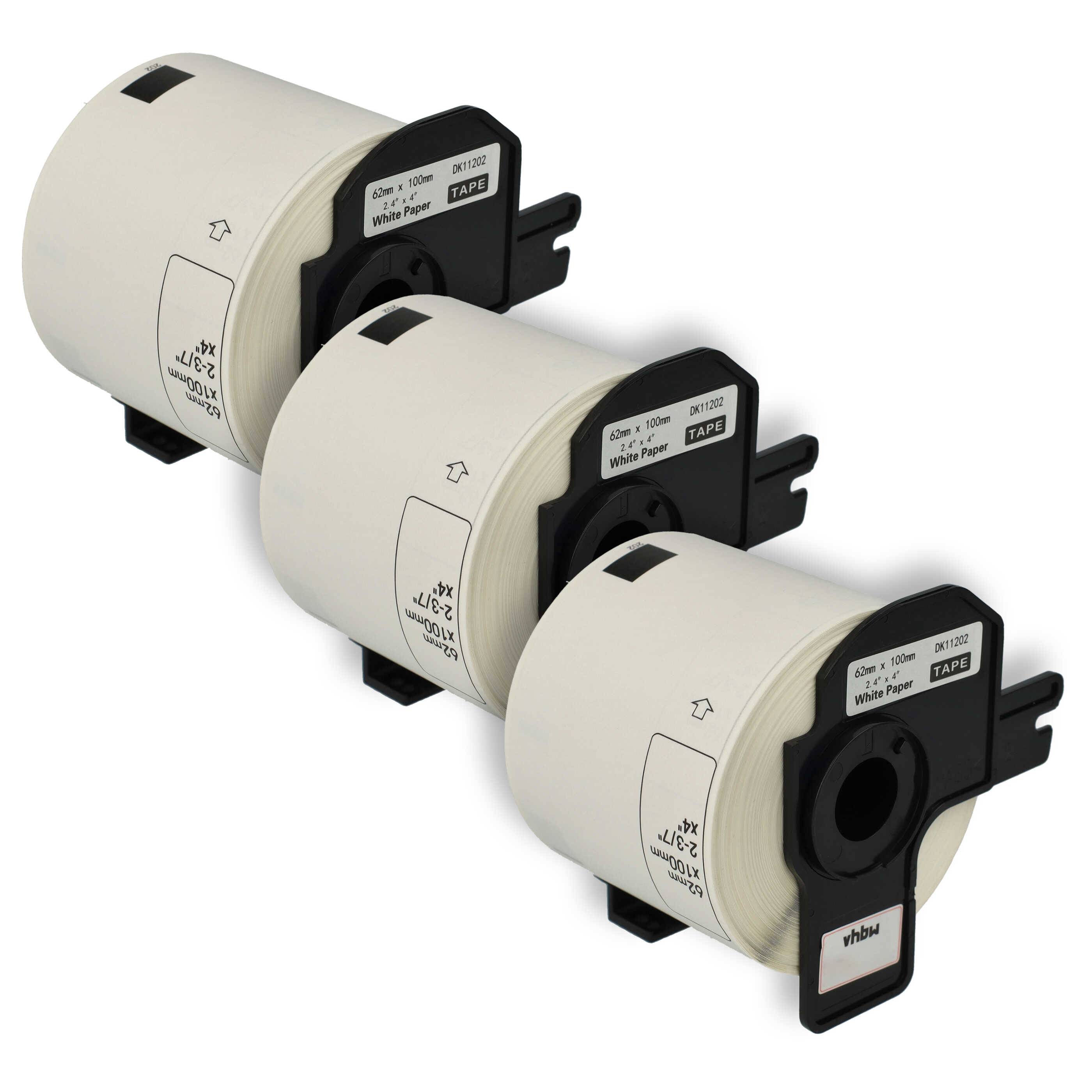vhbw 3x Etiketten-Rolle mit Halter 62mm x 100mm (300 Etiketten) kompatibel mit Brother PT QL-500A, QL500BS Etiketten-Drucker Weiß