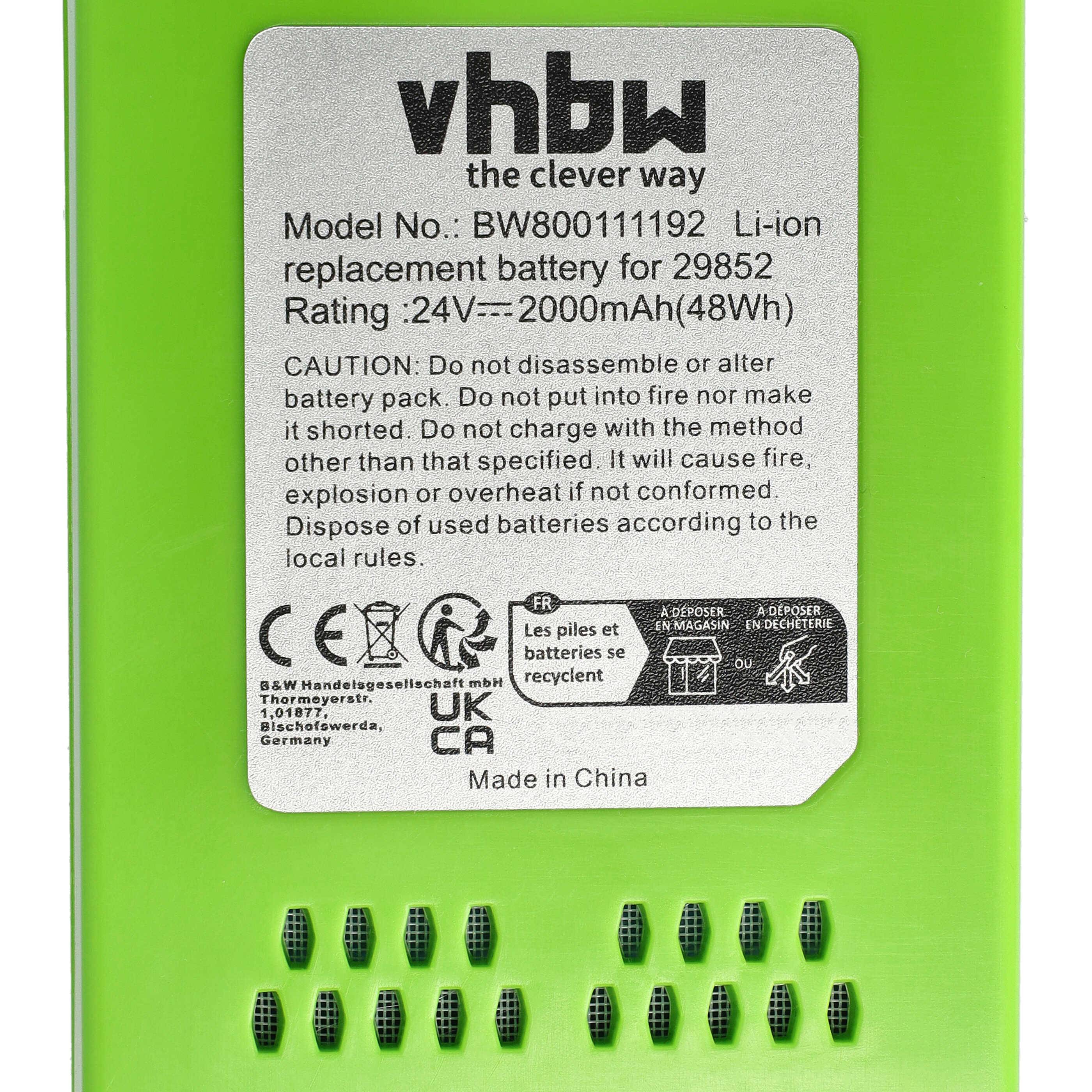 vhbw Akku kompatibel mit Greenworks G24 Sweeper, G24PS20K2, G24PS20 Werkzeug (2000 mAh, Li-Ion, 24 V)