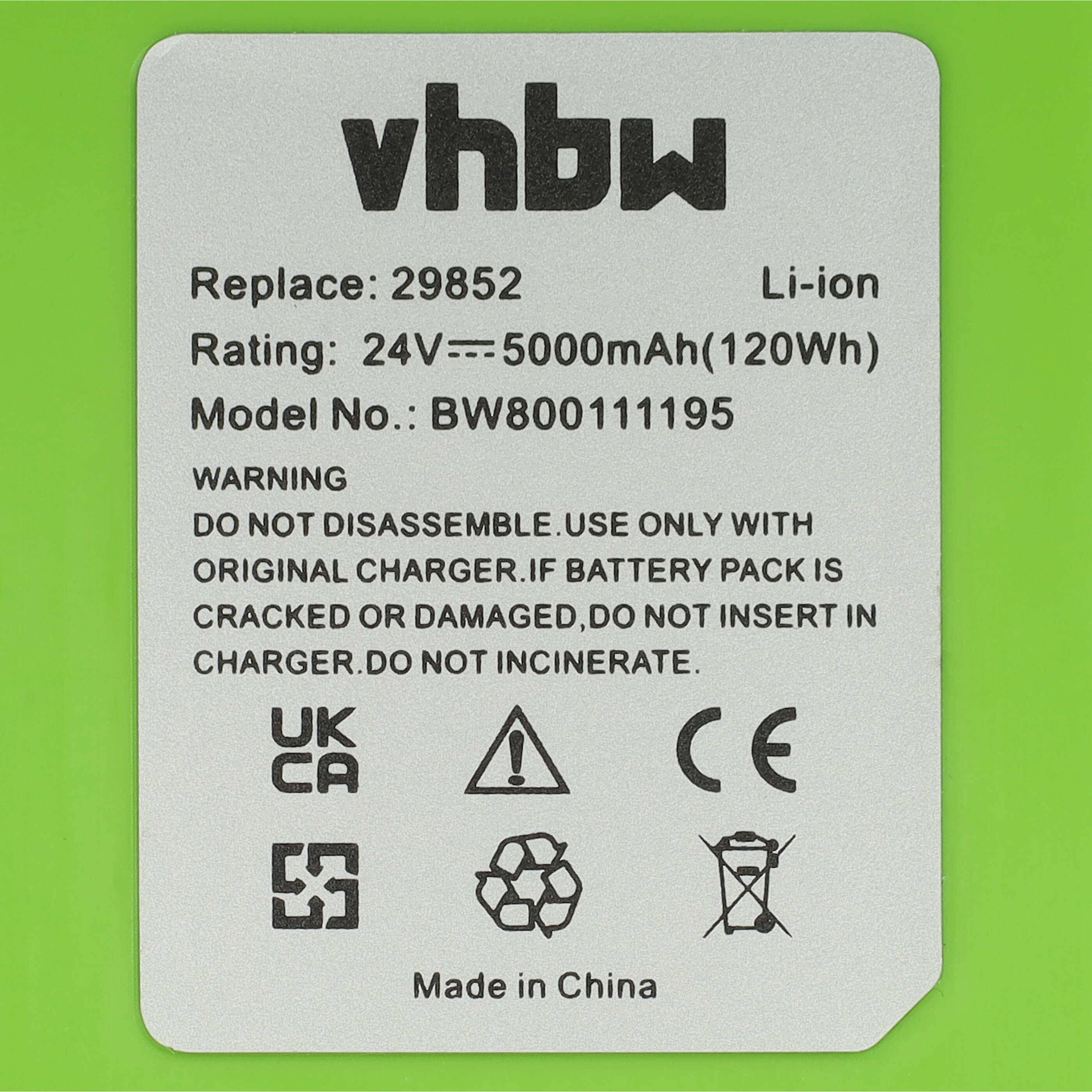 Etikett auf einem Vhbw Li-Ionen-Akku: Ersatz 29852, 24V 5000mAh (120Wh), Modell BW800111195, mit Warn- und Zertifizierungssymbolen.