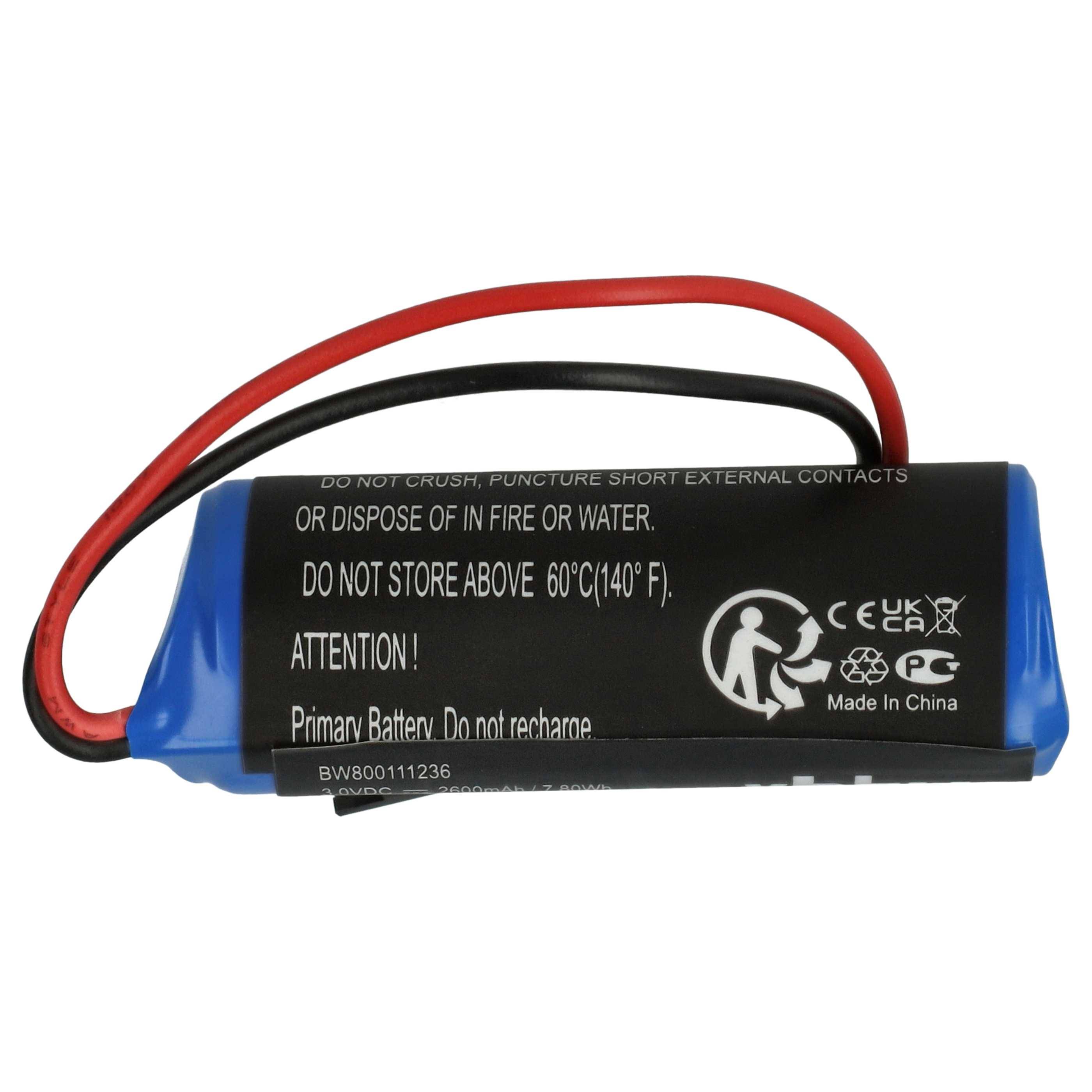 Eine Batterie mit rot und schwarz angebrachten Drähten, die Sicherheitswarnungen wie „Nicht zerquetschen