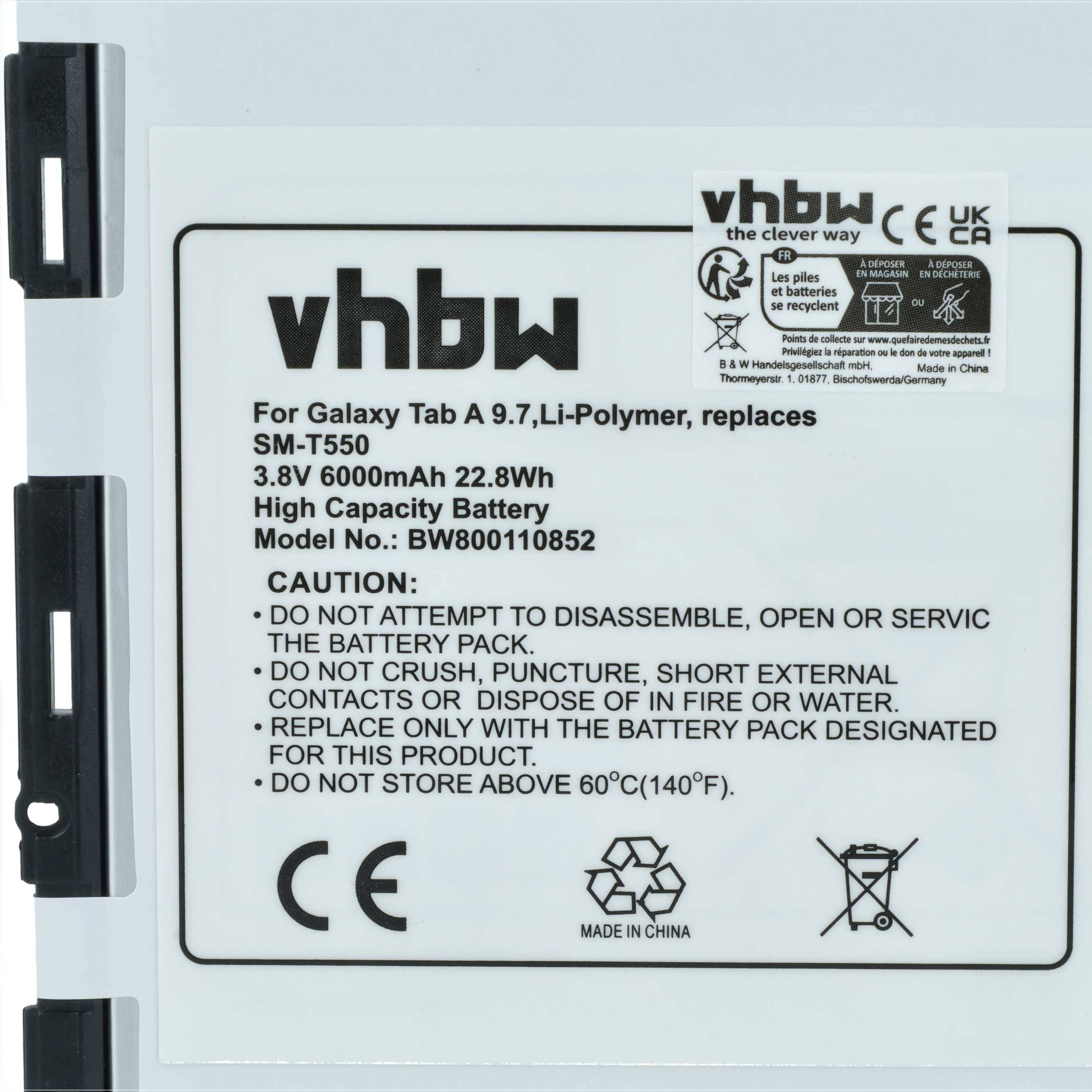 vhbw Akku kompatibel mit Samsung Galaxy SM-T555C, Tab A 9.7, Tab A Plus 9.7 WiFi, Tab A Plus 9.7 Tablet Pad (6000 mAh, 3,8 V, Li-Polymer)