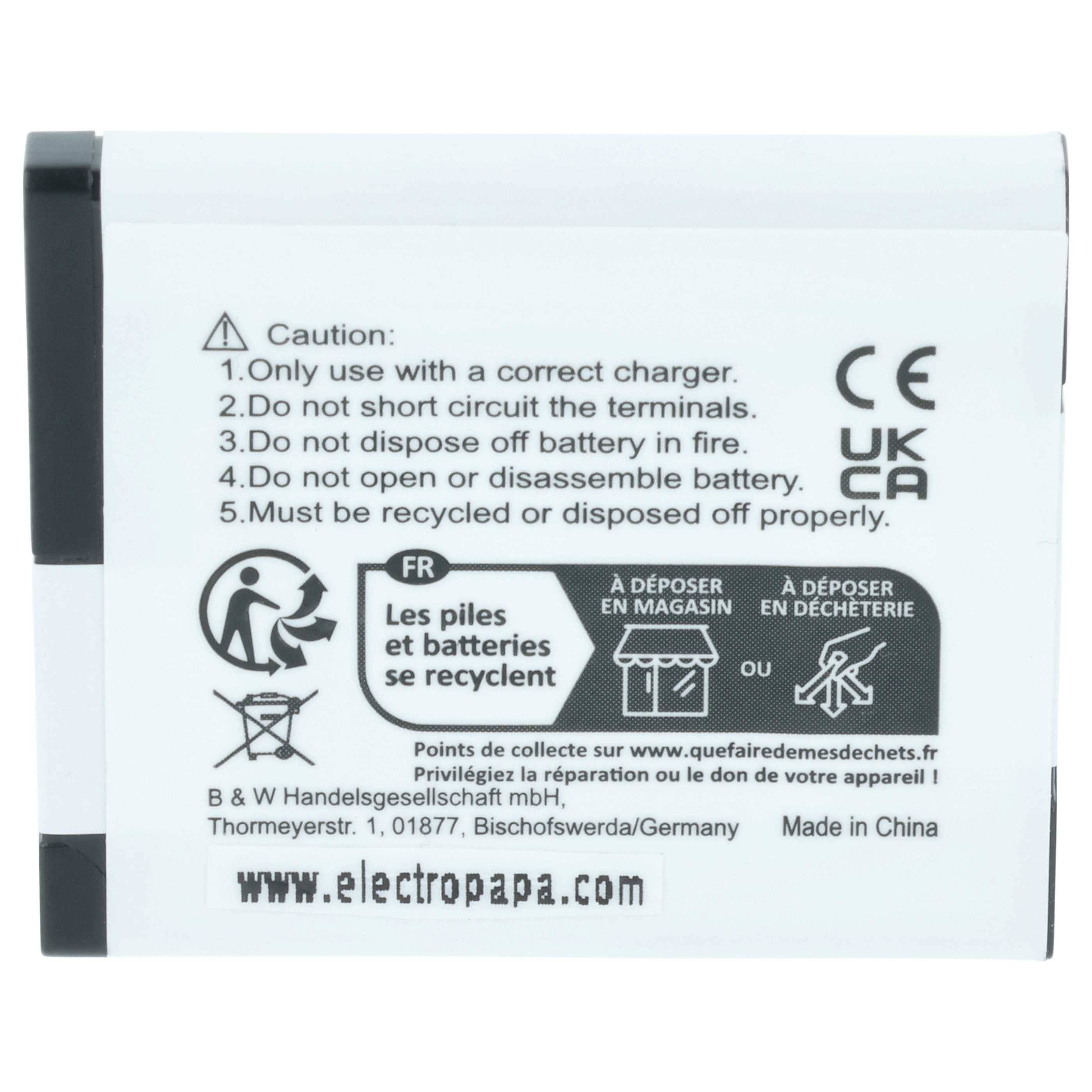 Batterieaufkleber mit Sicherheitshinweisen: 'Richtiges Ladegerät verwenden', 'Kurzschluss vermeiden', 'Ordnungsgemäß entsorgen'. Recycling-Symbol enthalten.