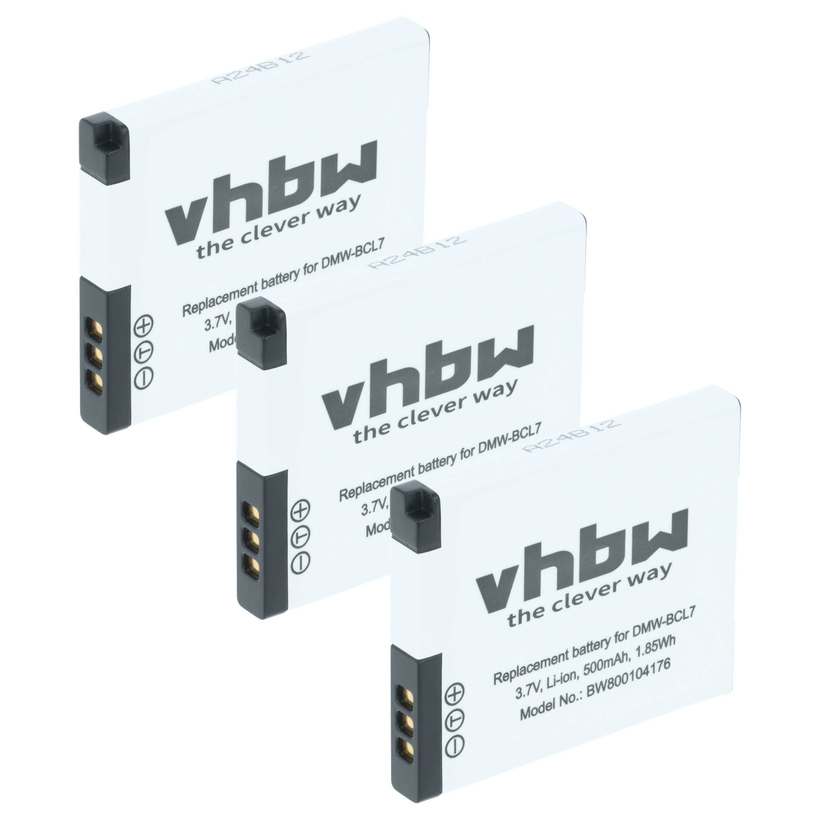 Drei identische vhbw Batterien für DMW-BCL7 nebeneinander angeordnet, mit 3,7V, 500mAh, 1,85Wh Li-Ionen-Spezifikationen.