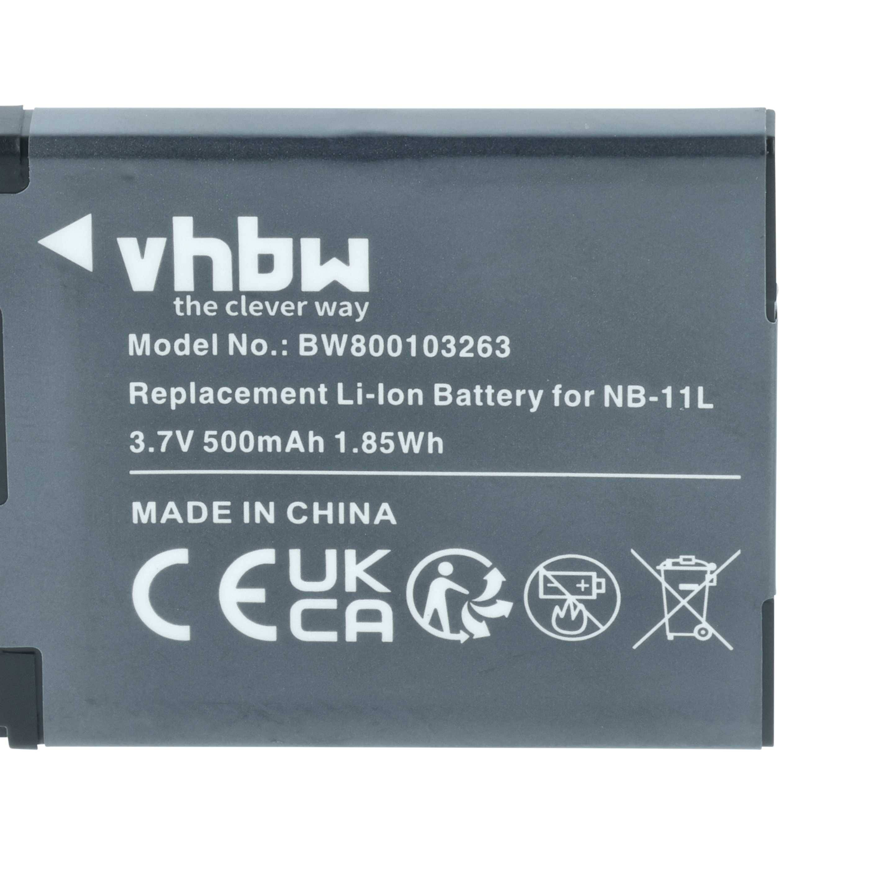 Eine rechteckige Batterie mit dem Text: 'vhbw', Modellnummer BW100103263, 3,7V, 500mAh, hergestellt in China. Verschiedene Zertifizierungssymbole sind abgebildet.
