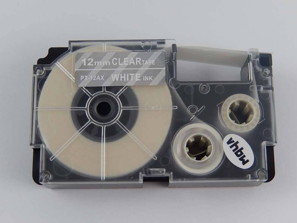 vhbw Schriftband-Kassette kompatibel mit Casio KL-750E | KL-8100, KL-7400, KL-820, KL-780, KL-7200 Etiketten-Drucker 8m x 12mm Weiß auf Transparent