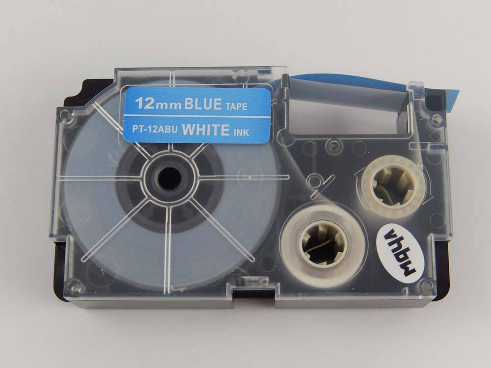 vhbw Schriftband-Kassette Ersatz für Casio XR-12ABU1, XR-12ABU für Etiketten-Drucker 8m x 12mm Weiß auf Blau