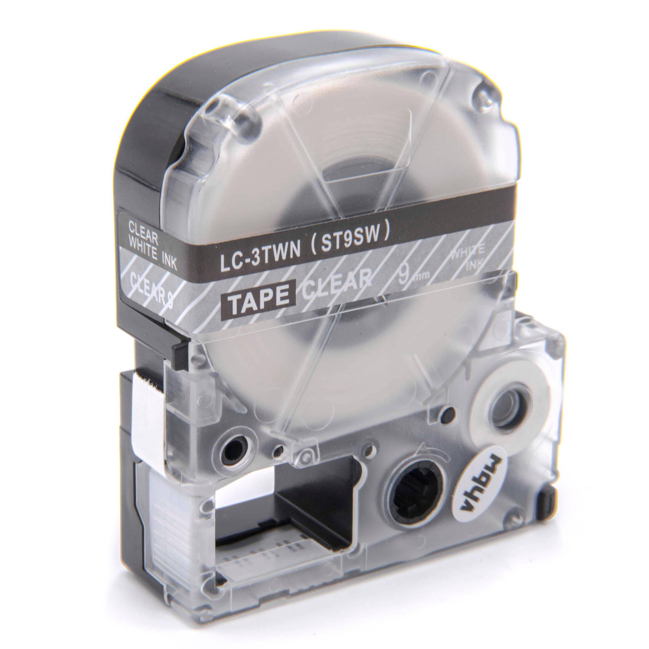 vhbw Schriftband-Kassette Ersatz für KingJim ST9SW für Etiketten-Drucker 8m x 9mm Weiß auf Transparent