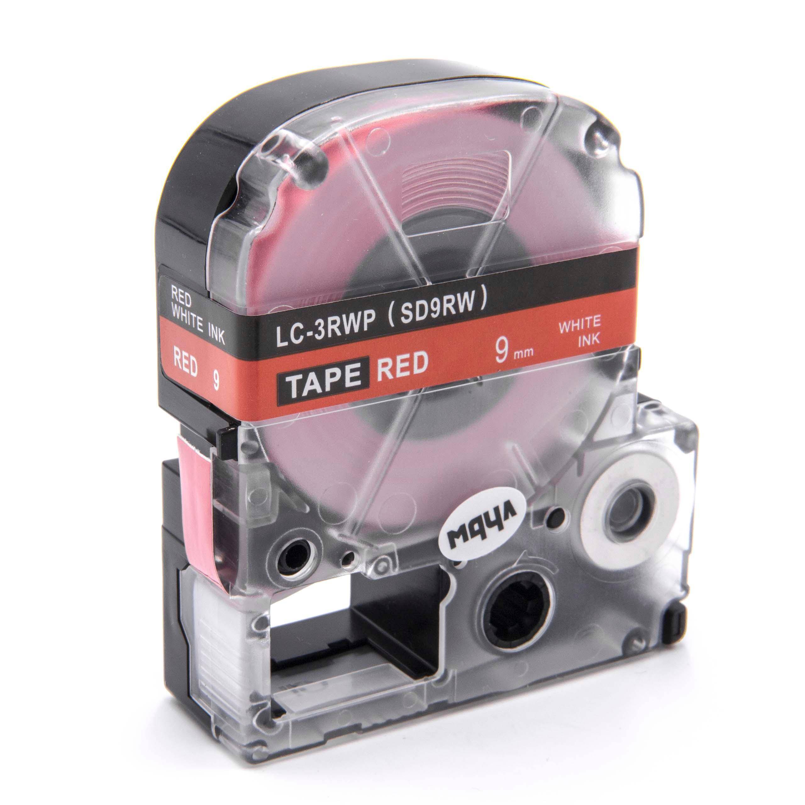 vhbw Schriftband-Kassette kompatibel mit KingJim SR3900C, SR150, SR3700P, SR330, SR300TF, SR180, SR230C Etiketten-Drucker 8m x 9mm Weiß auf Rot