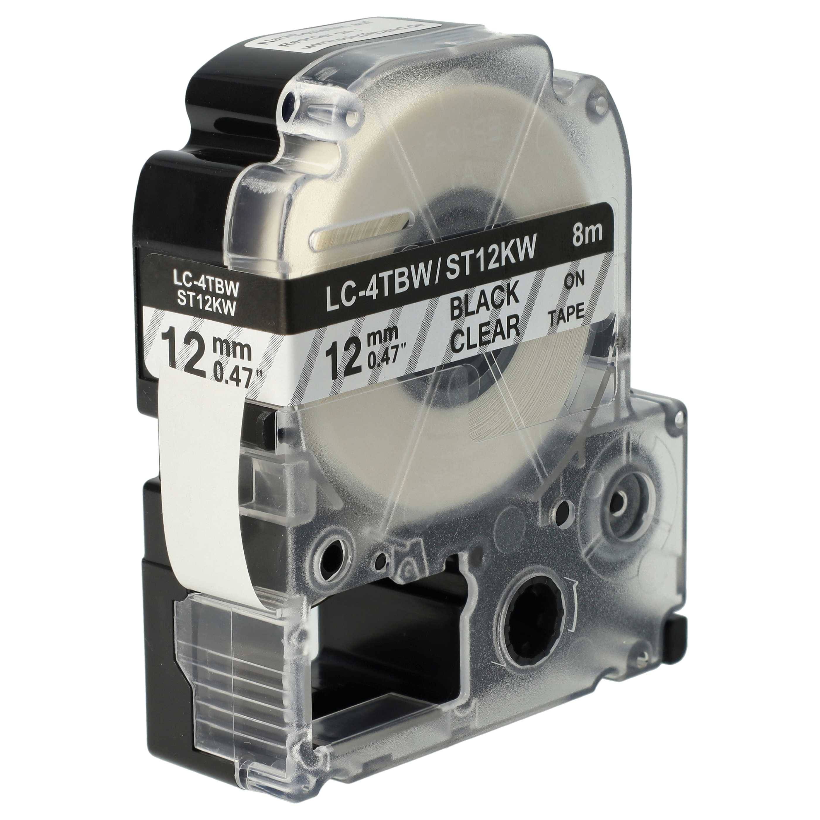 vhbw Schriftband-Kassette kompatibel mit Epson LabelWorks LW-1000P | LW-600P Etiketten-Drucker 8m x 12mm Schwarz auf Transparent