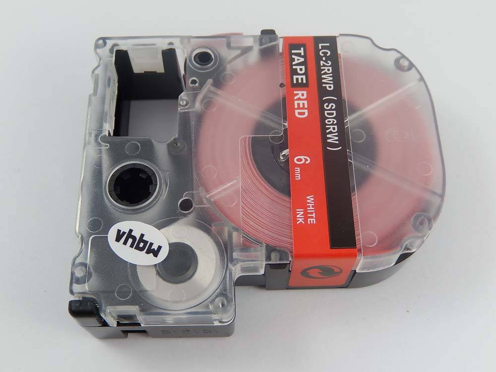 vhbw Schriftband-Kassette kompatibel mit KingJim SR-PBW1, SR-RK1 Etiketten-Drucker 8m x 6mm Weiß auf Rot