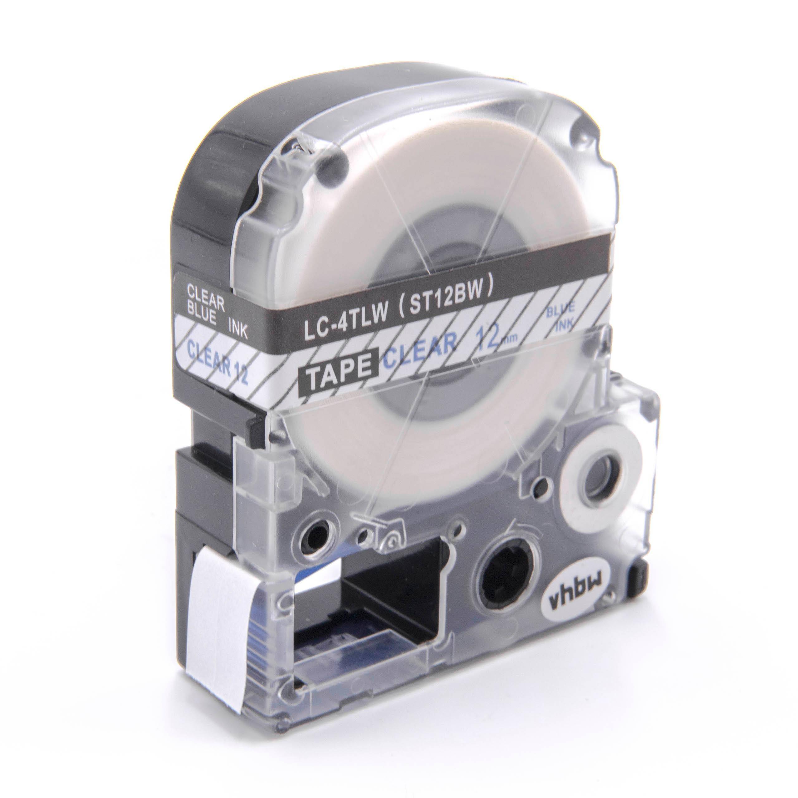 vhbw Schriftband-Kassette kompatibel mit KingJim SR530, SR3900C, SR3900P, SR3700P, SR40 Etiketten-Drucker 8m x 12mm Blau auf Transparent, Kunststoff