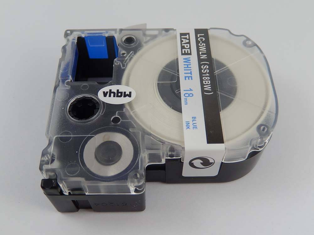vhbw Schriftband-Kassette kompatibel mit Epson OK300, OK200, LW-400, LW-900P, LW-500, LM-700 Etiketten-Drucker 18m x 8mm Blau auf Weiß, Kunststoff