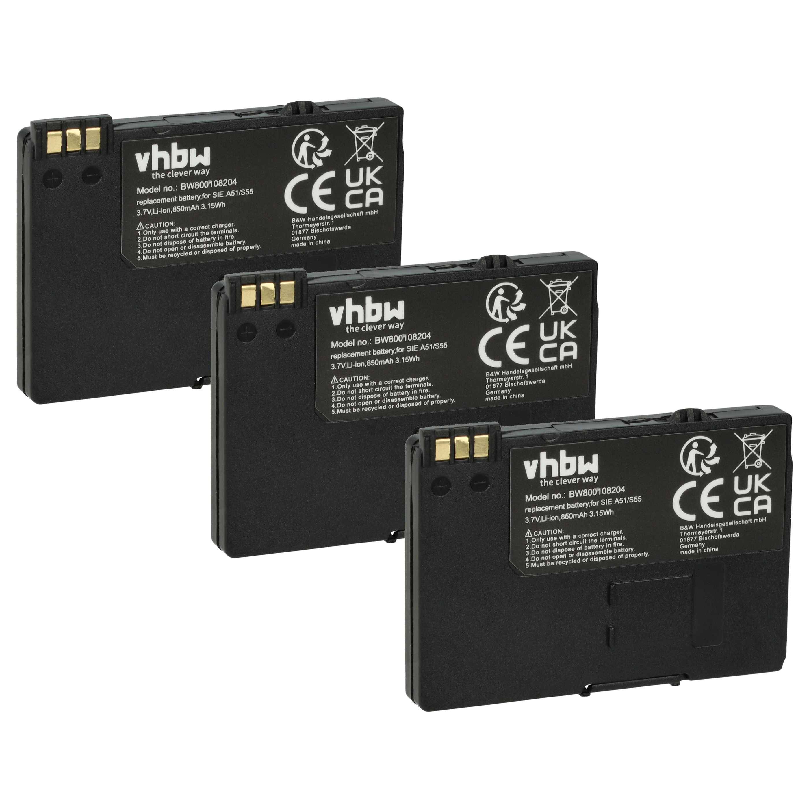Drei schwarze wiederaufladbare Batterien mit der Bezeichnung „vhbw