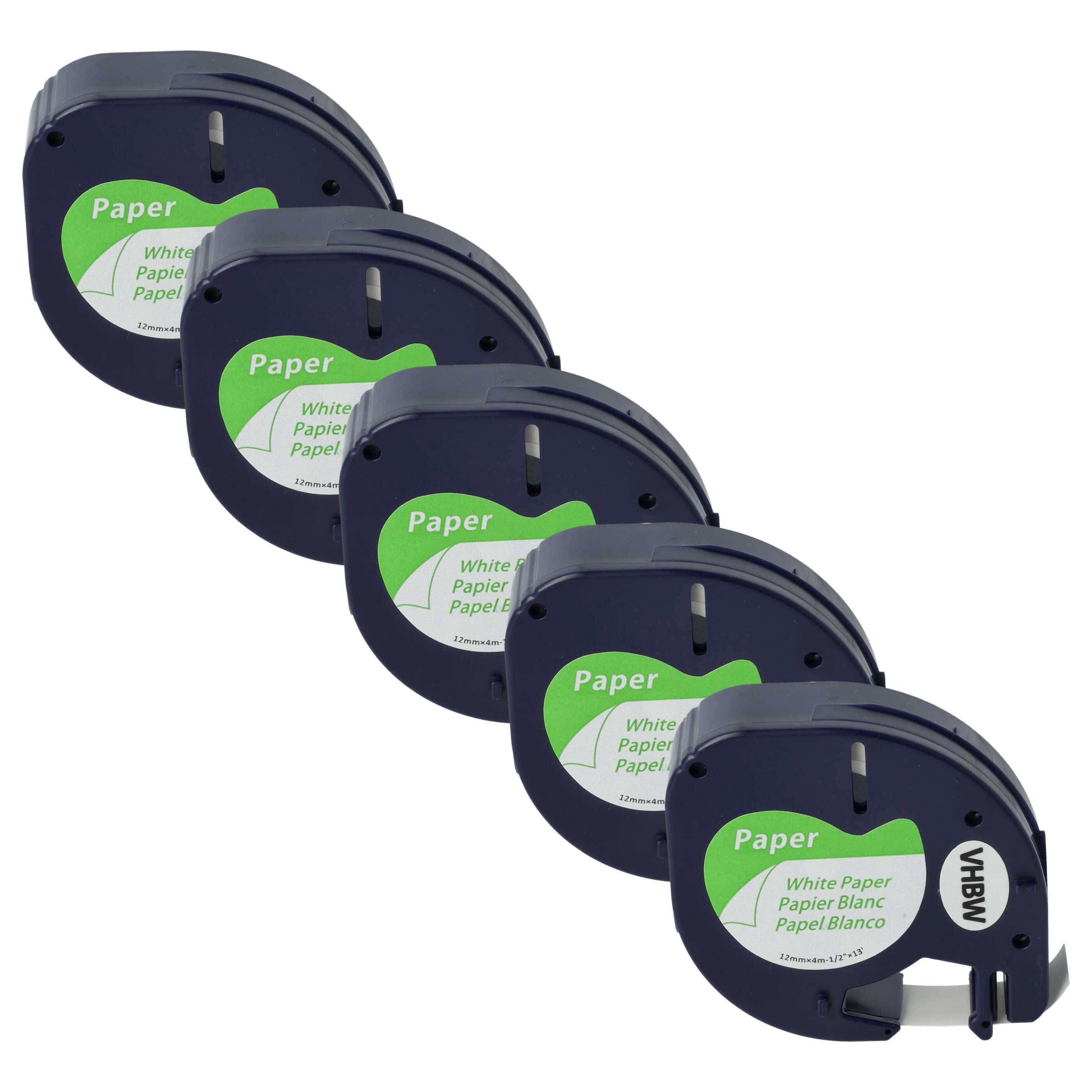 vhbw 5x Schriftband-Kassette Papier kompatibel mit Dymo LetraTag LT-100H | LT-100T, QX50, XR, 200B Etiketten-Drucker 4m x 12mm Schwarz auf Weiß