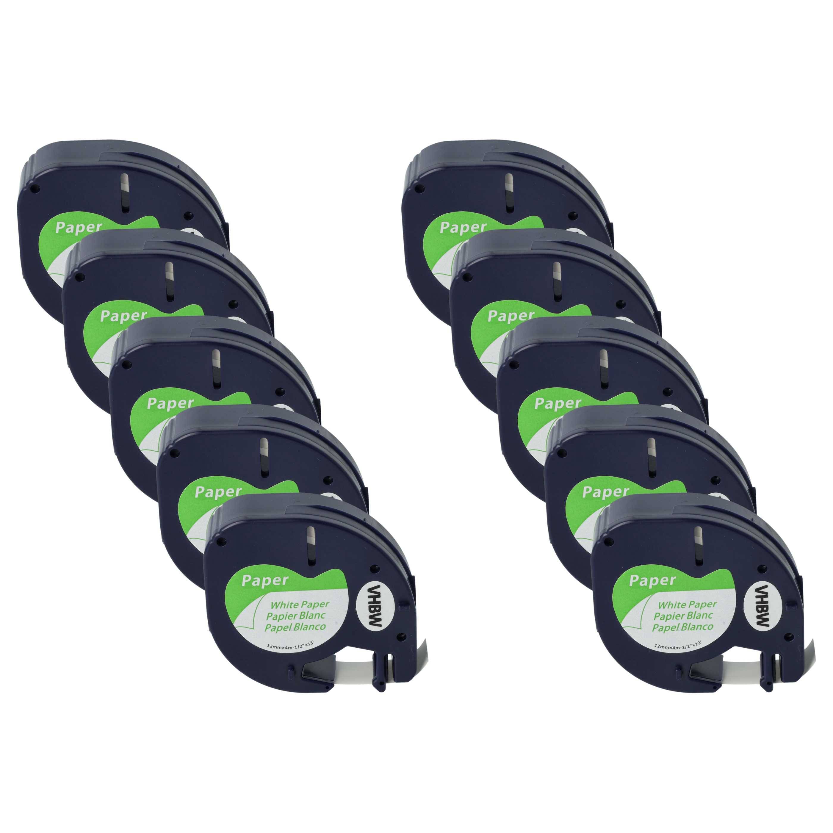 vhbw 10x Schriftband-Kassette Papier kompatibel mit Dymo LetraTag LT-100H, LT-100T, QX50, XR, 200B Etiketten-Drucker 4m x 12mm Schwarz auf Weiß