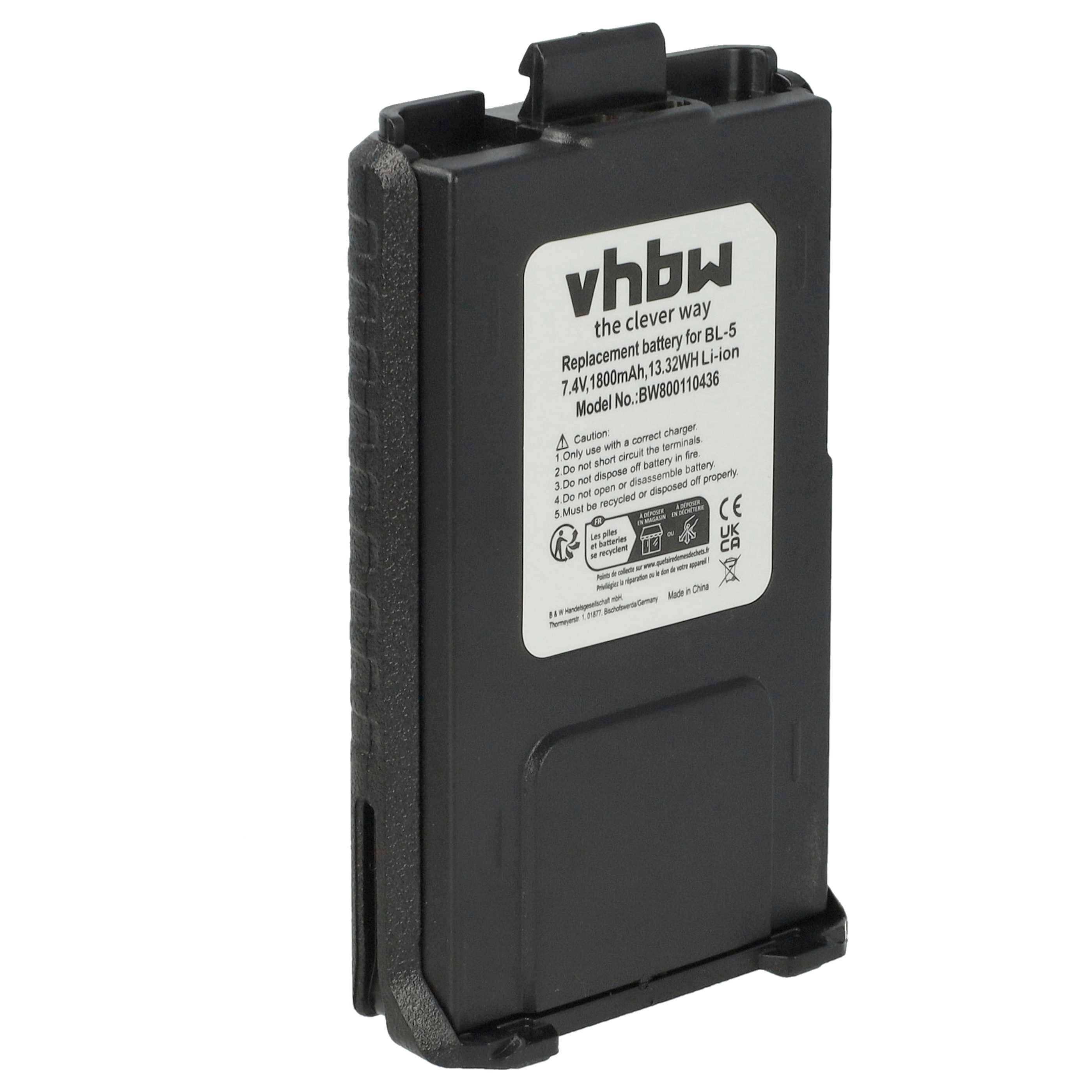 Ein schwarzer vhbw Ersatzakku für BL-5 mit folgenden Spezifikationen: 7,4V, 1800mAh, 13,32Wh, Li-Ion. Modellnummer BVBW021405.