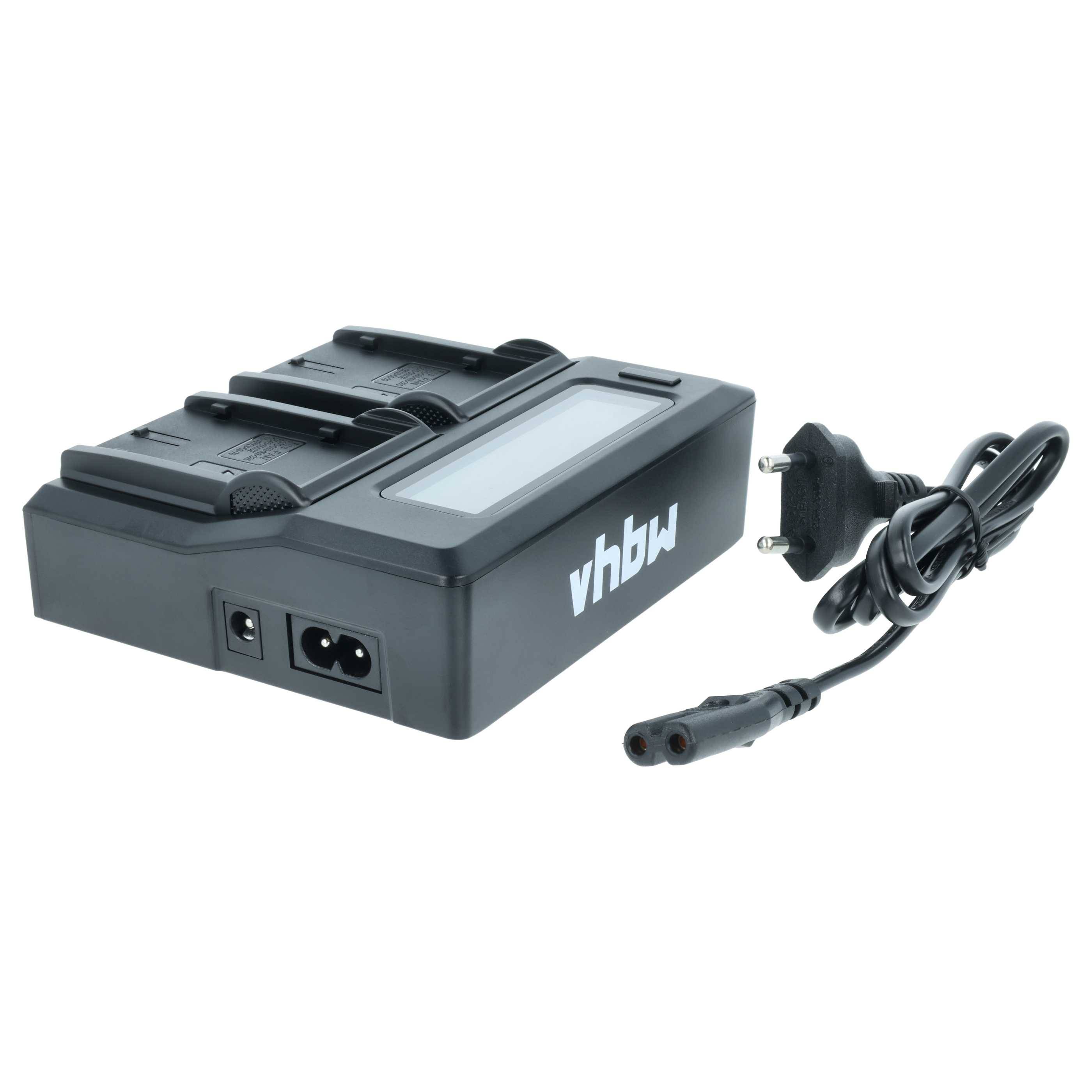 Ein Dual-Batterieladegerät mit zwei Schächten, einem digitalen Display und einem angeschlossenen Netzkabel, der Marke 'vhbw'.