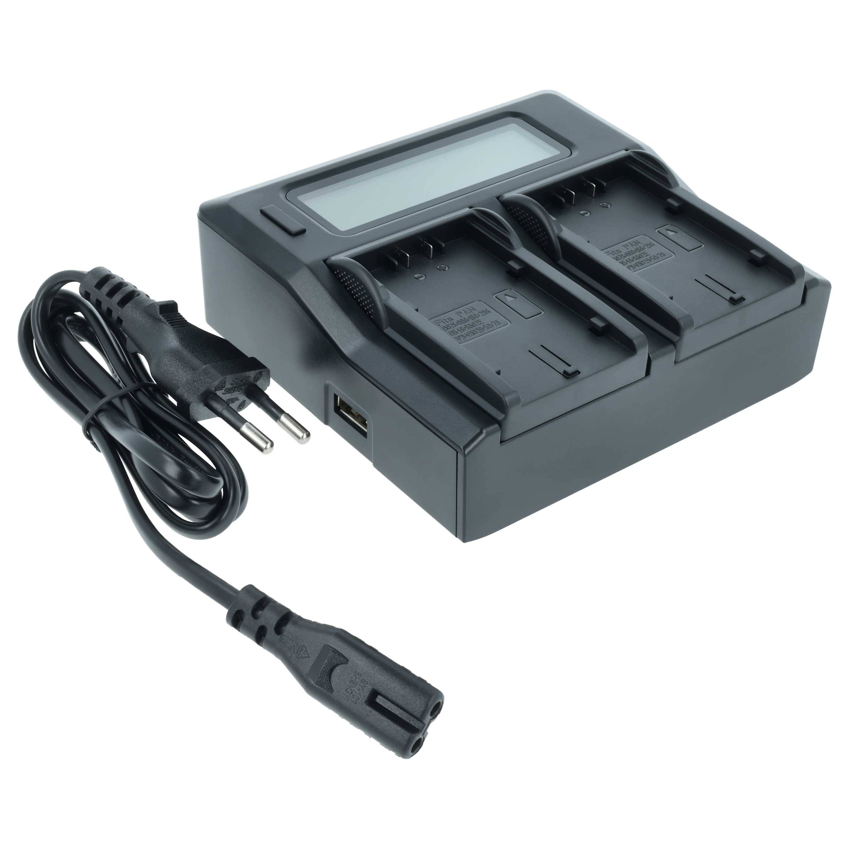 Ein dualer Batterieladegerät mit LCD-Display und angeschlossenem Netzkabel, konzipiert zum gleichzeitigen Laden von zwei Batterien.
