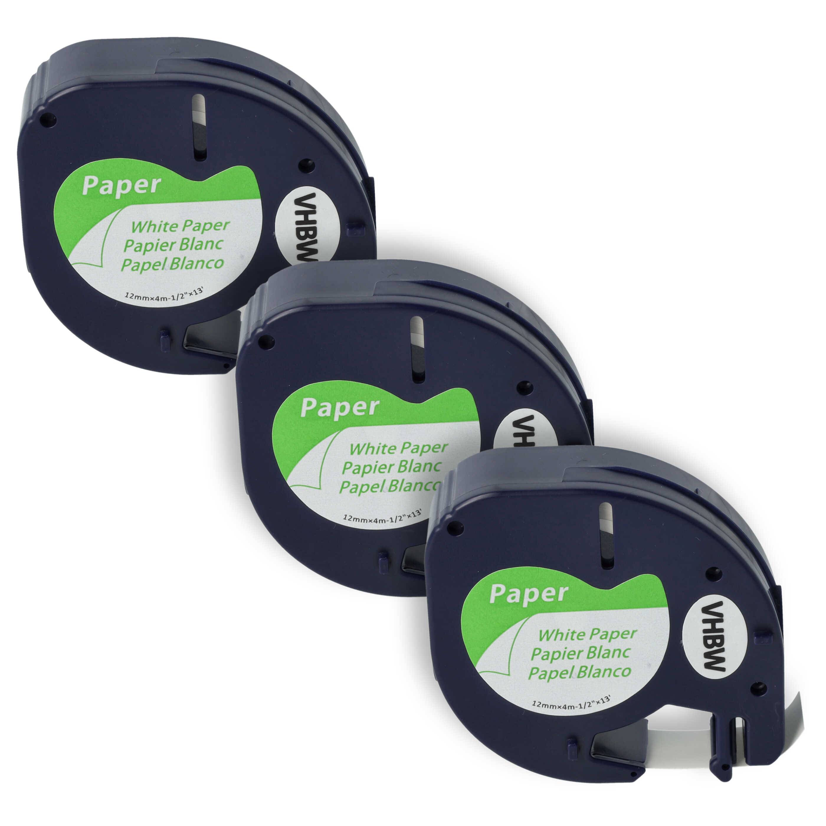 vhbw 3x Schriftband-Kassette kompatibel mit Dymo LetraTag Plus LT-100T | XM, 2000, LT-100H Etiketten-Drucker, 4m x 12mm Schwarz auf Weiß