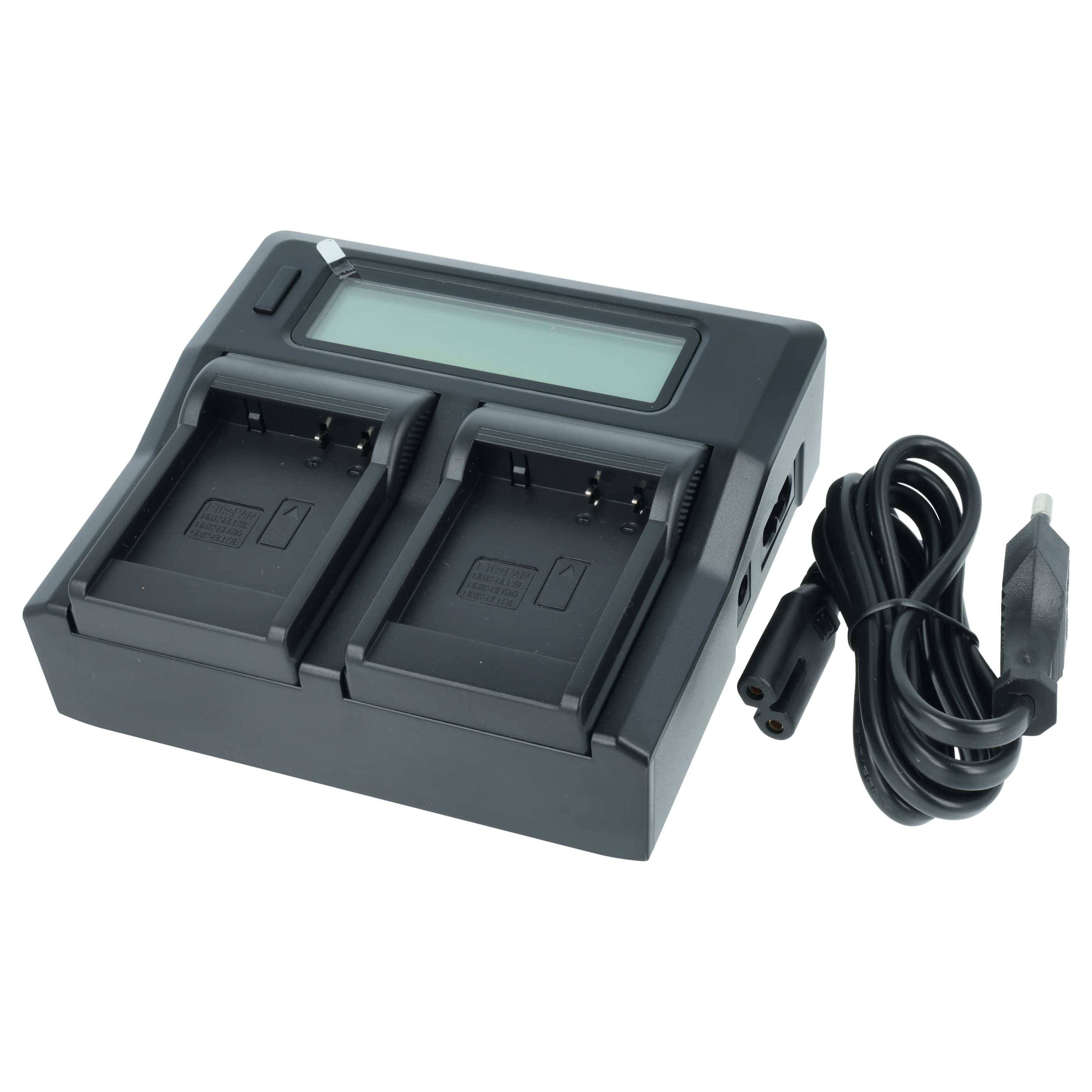 Zweislot-Batterieladegerät mit LCD-Bildschirm und angeschlossenem Netzkabel zum Laden von elektronischen Batterien.