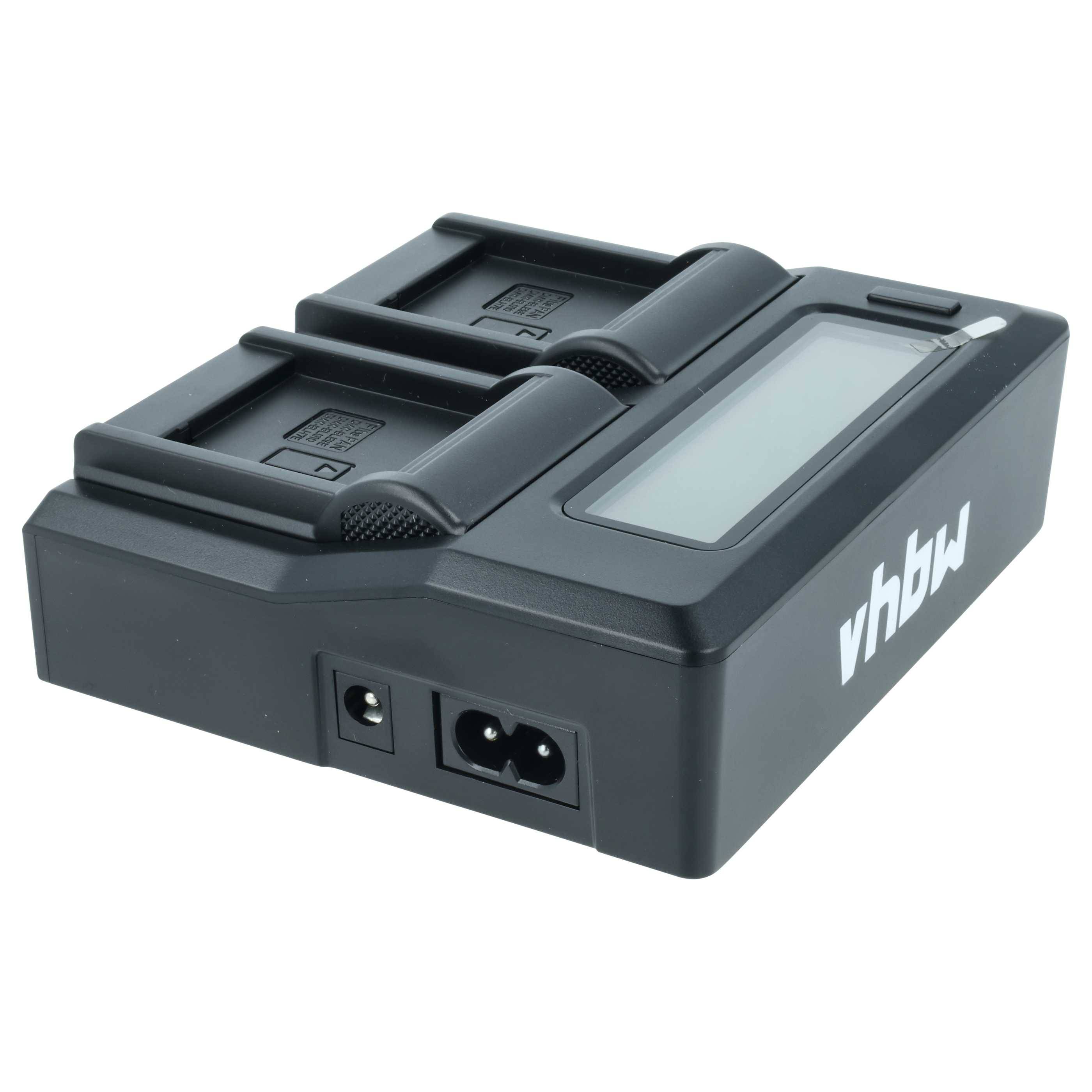 Ein schwarzes Dual-Batterieladegerät mit einem digitalen Displaybildschirm und zwei Ladeschächten für Batterien, mit der Aufschrift 
