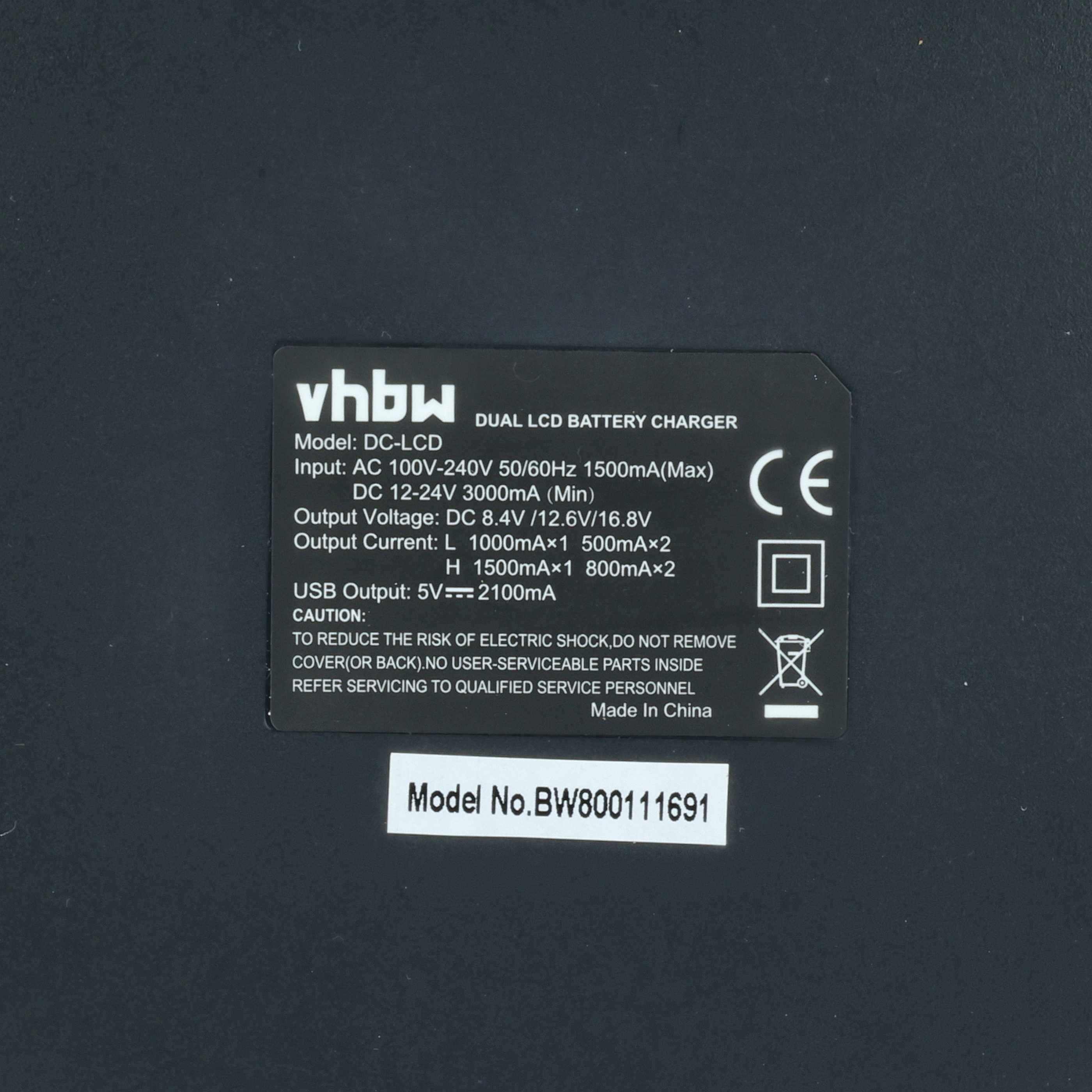 vhbw DUAL LCD BATTERIE-LADEGERÄT Modell: DC-LCD. Eingang: AC 100V-240V 50/60Hz 1500mA(Max), DC 12-24V 3000mA(Max). Ausgang: 5V = 2100mA.