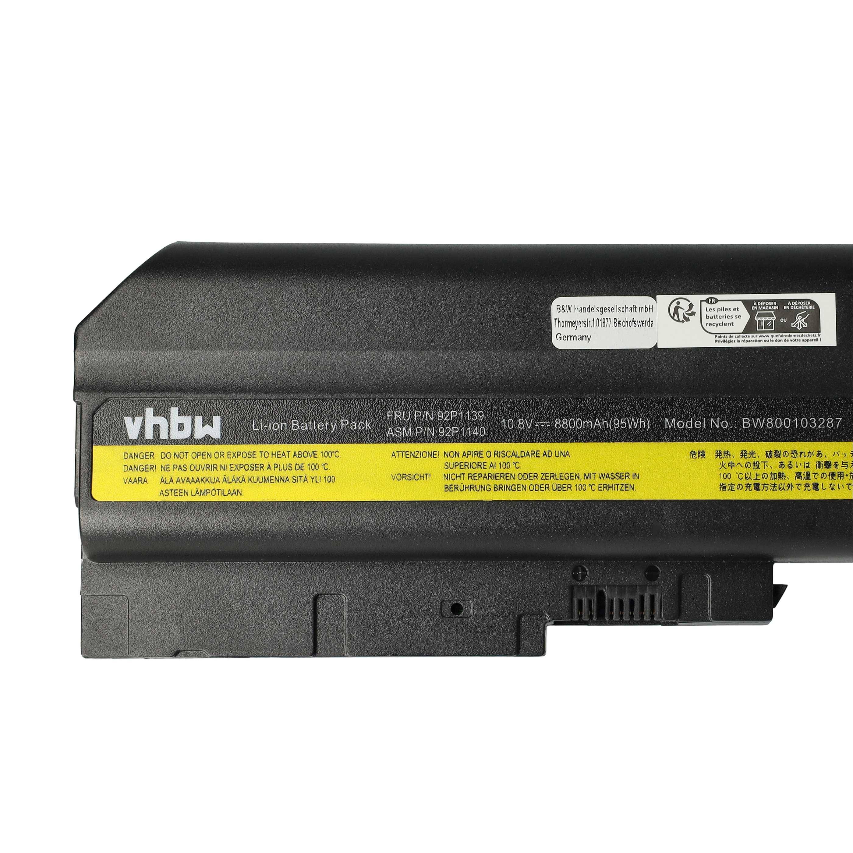 vhbw Akku Ersatz für IBM / Lenovo 92P1128, 92P1129, 92P1130, 92P1133, 92P1131, 92P1132 für Notebook (8800 mAh, 10,8 V, Li-Ion)