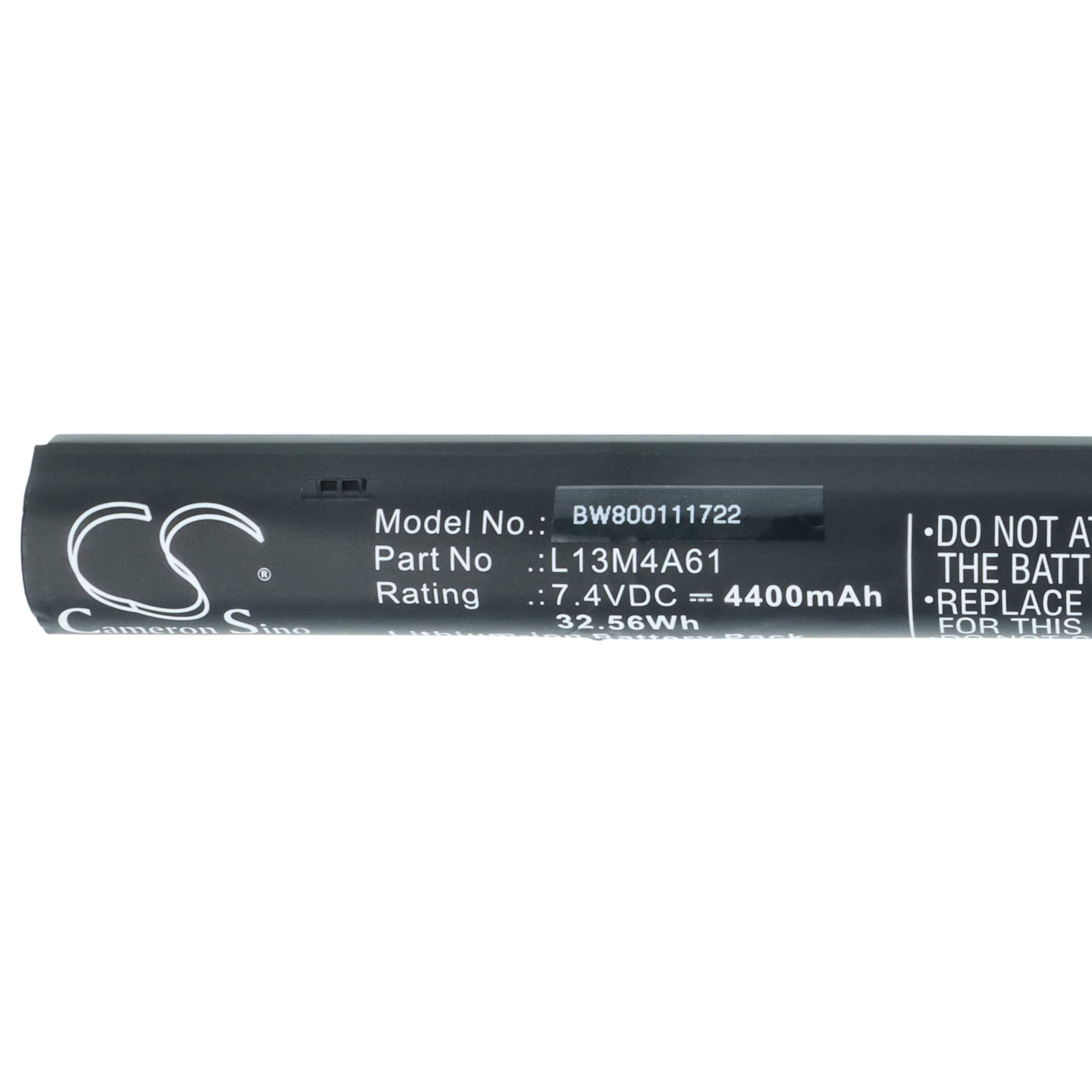 Eine zylindrische schwarze Batterie mit Modellnummer BW800111722, Teilenummer L13M4A61, ausgelegt für 7,4 VDC und 4400 mAh, mit Anzeige von ‚32,56 Wh'.