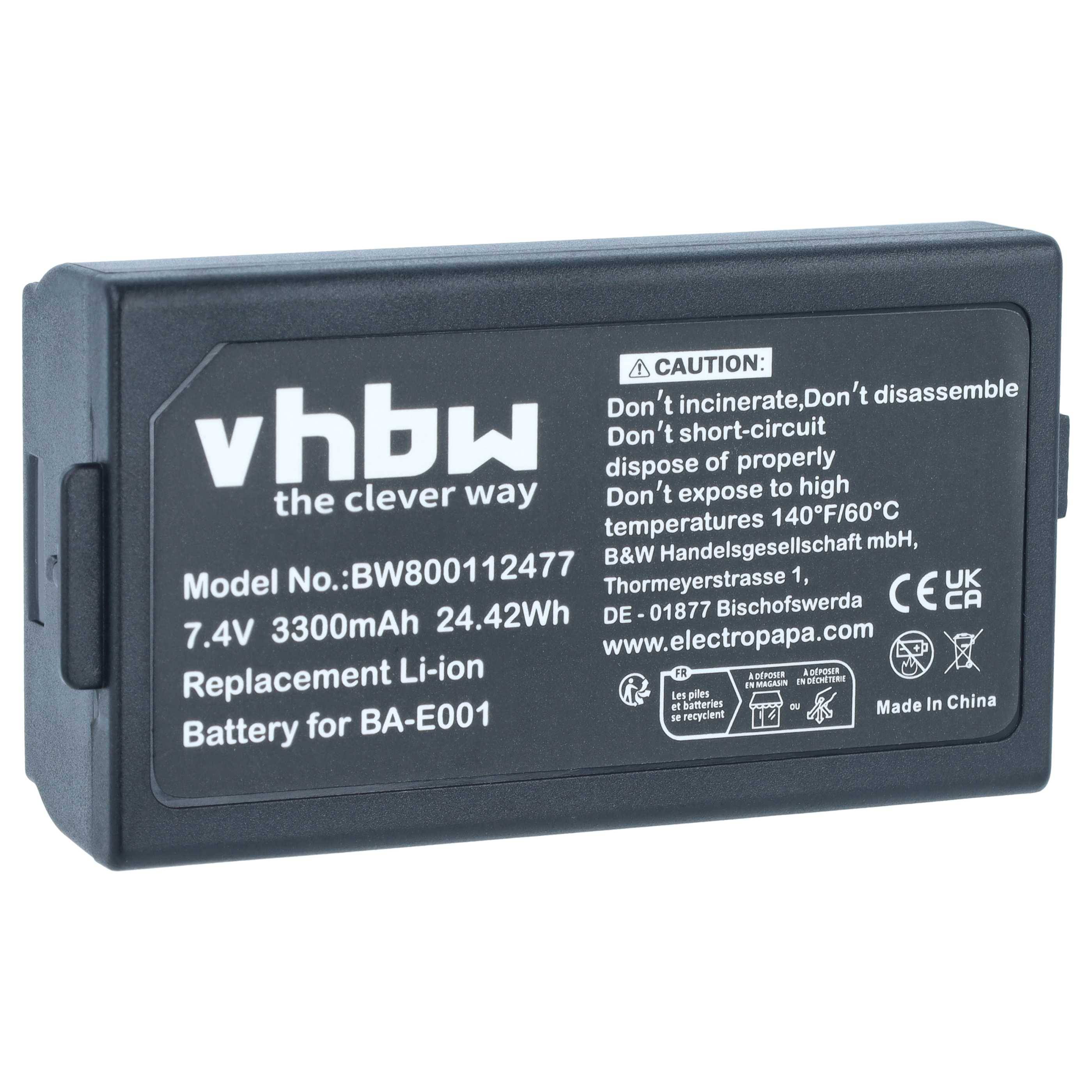 Schwarzer vhbw Ersatz-Lithium-Ionen-Akkupack mit Bezeichnung 7,4V 3300mAh 24,42Wh für BA-E001, mit auf dem Gehäuse aufgedruckten Vorsichtswarnungen.