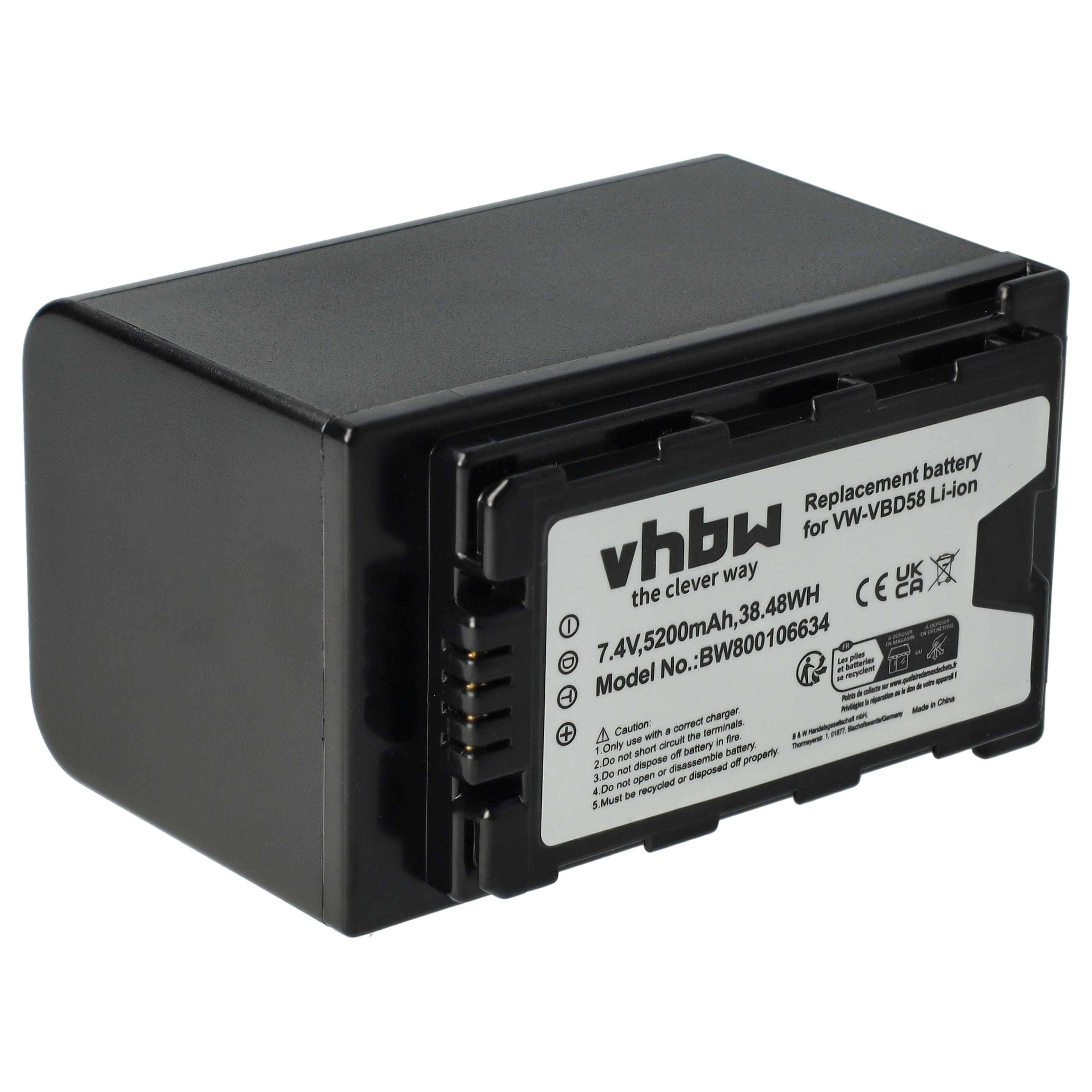 Ein schwarzes rechteckiges Lithium-Ionen-Akku mit weißem Etikett, das Spezifikationen anzeigt: 7,4V, 5200mAh, 38,48Wh, Modell BW800106634.