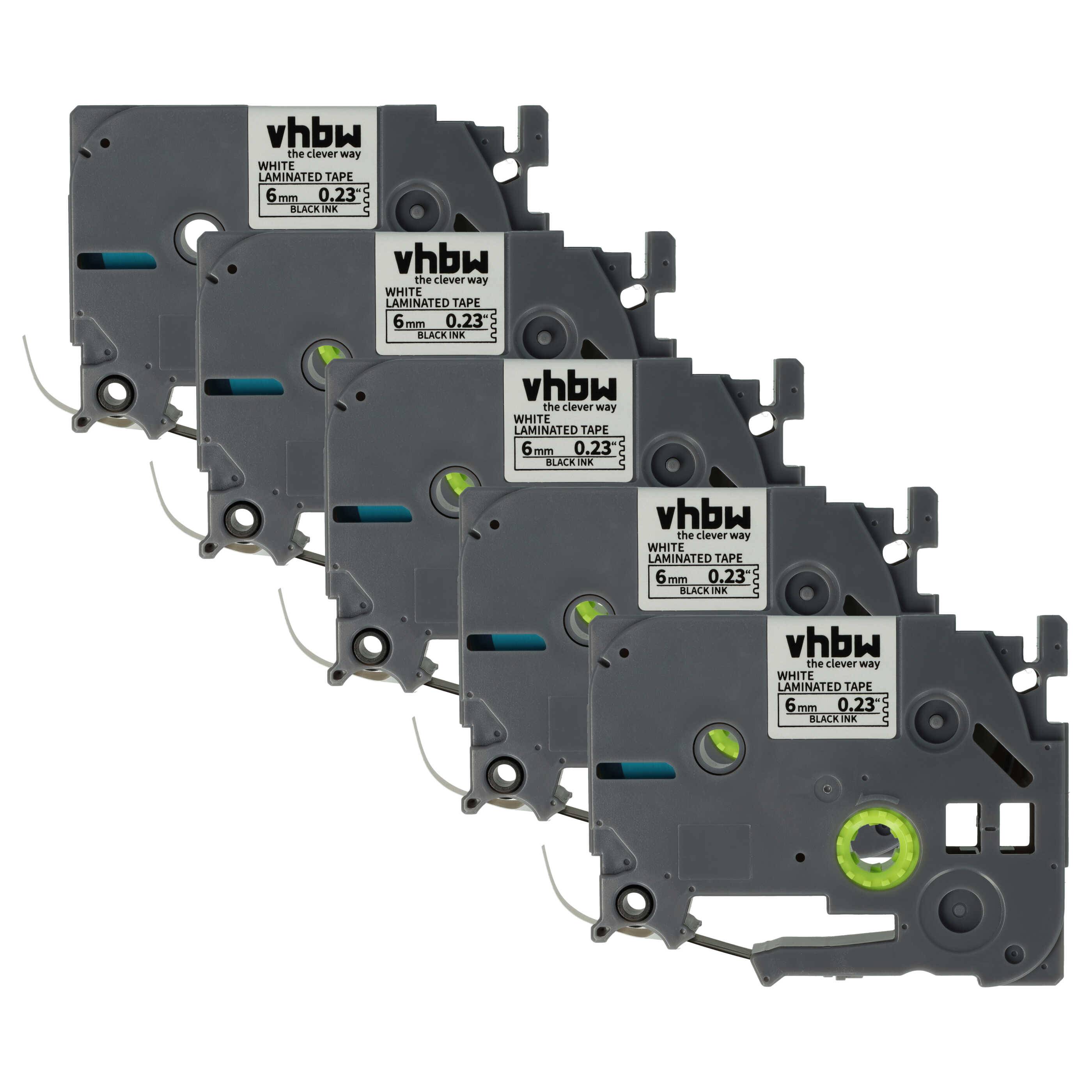 vhbw 5x Schriftband-Kassette kompatibel mit Brother PT 1280, 1250, 1850, 2000-Serie, 1800, 1750, 1290 Etiketten-Drucker 8m x 6mm Schwarz auf Weiß