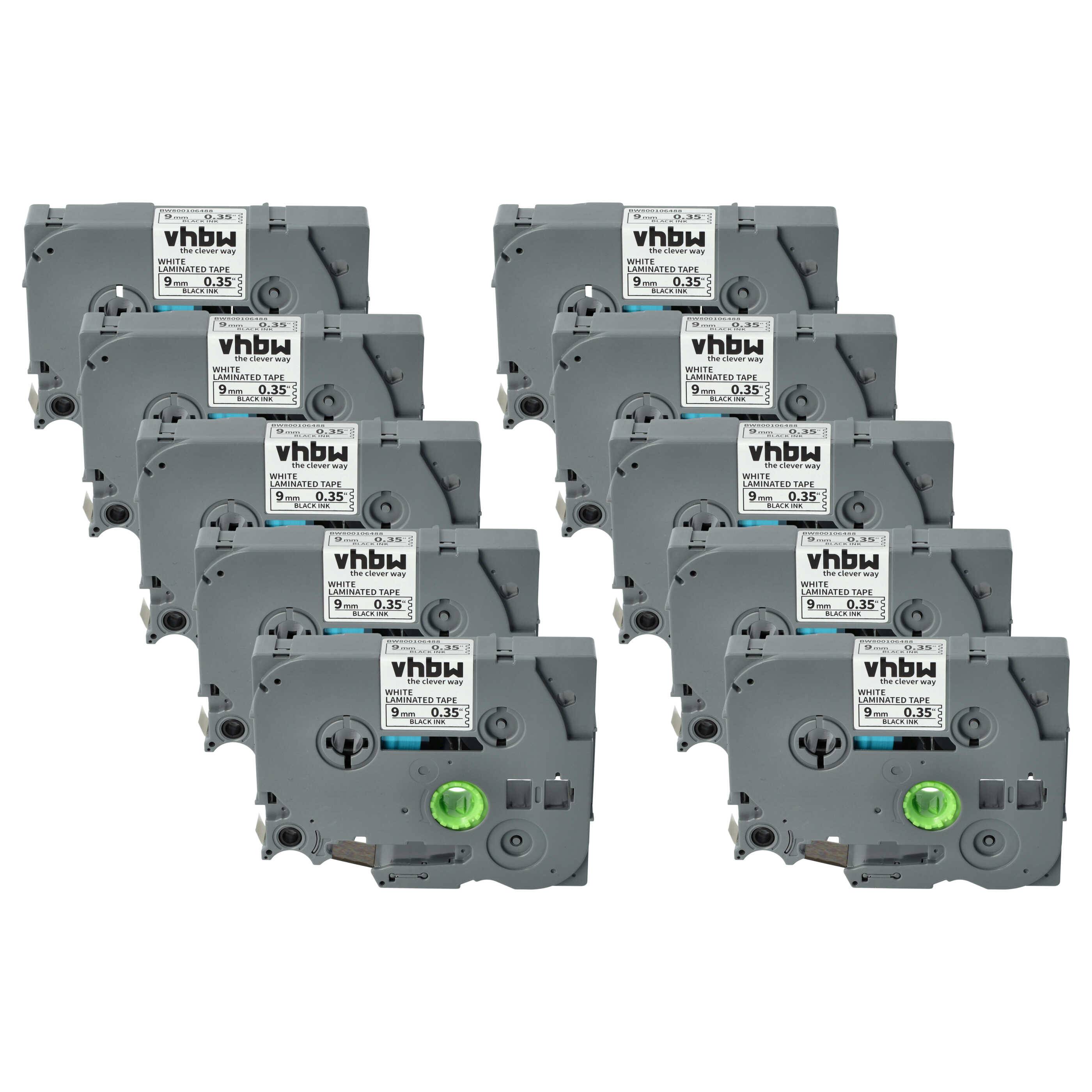 vhbw 10x Schriftband-Kassette kompatibel mit Brother PT 9600 | 9400, 900, 9000-Serie, 550, D400, D400VP Etiketten-Drucker 8m x 9mm Schwarz auf Weiß